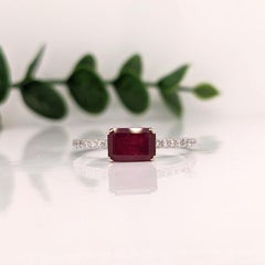 East West Ruby Ring w Earth Mined Diamonds in Solid 14K White Gold EM 7x5mm