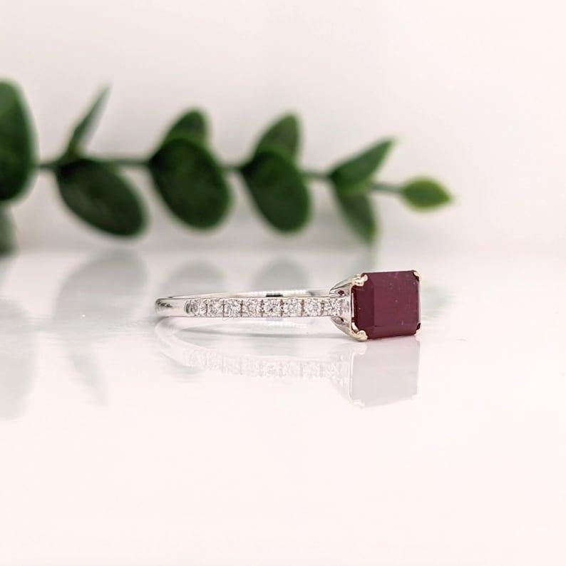 Modernist Minimalist Ruby Ring w/ Pave Diamond Shank in 14K White Gold Emerald Cut 7x5mm For Sale