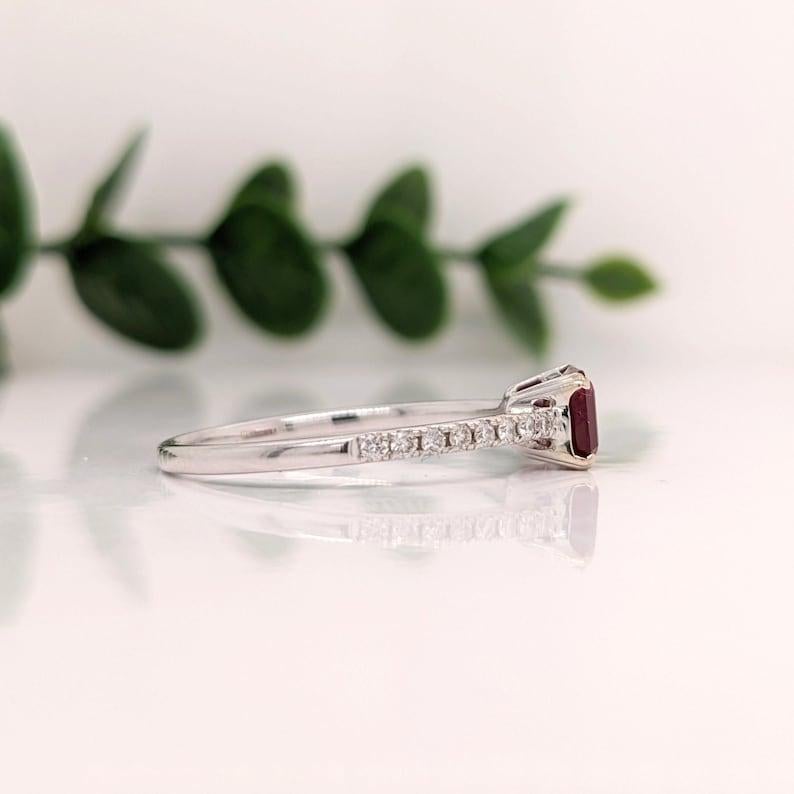 Minimalist Ruby Ring w/ Pave Diamond Shank in 14K White Gold Emerald Cut 7x5mm In New Condition For Sale In Columbus, OH