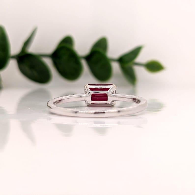 Women's Minimalist Ruby Ring w/ Pave Diamond Shank in 14K White Gold Emerald Cut 7x5mm For Sale