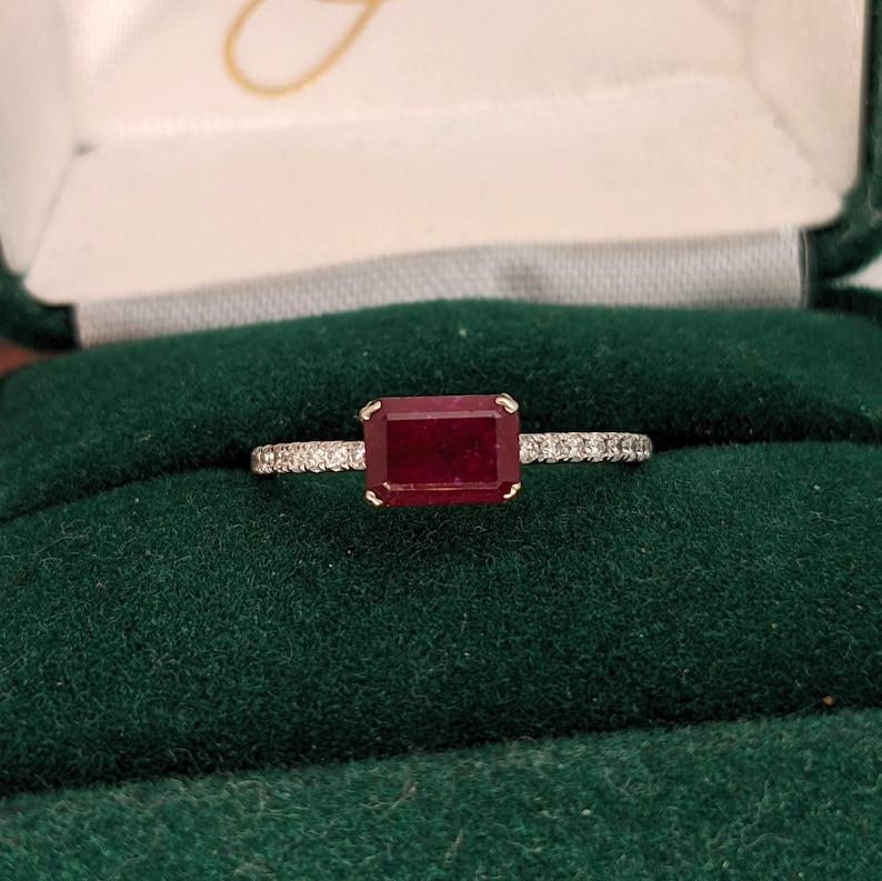 Minimalist Ruby Ring w/ Pave Diamond Shank in 14K White Gold Emerald Cut 7x5mm For Sale 1