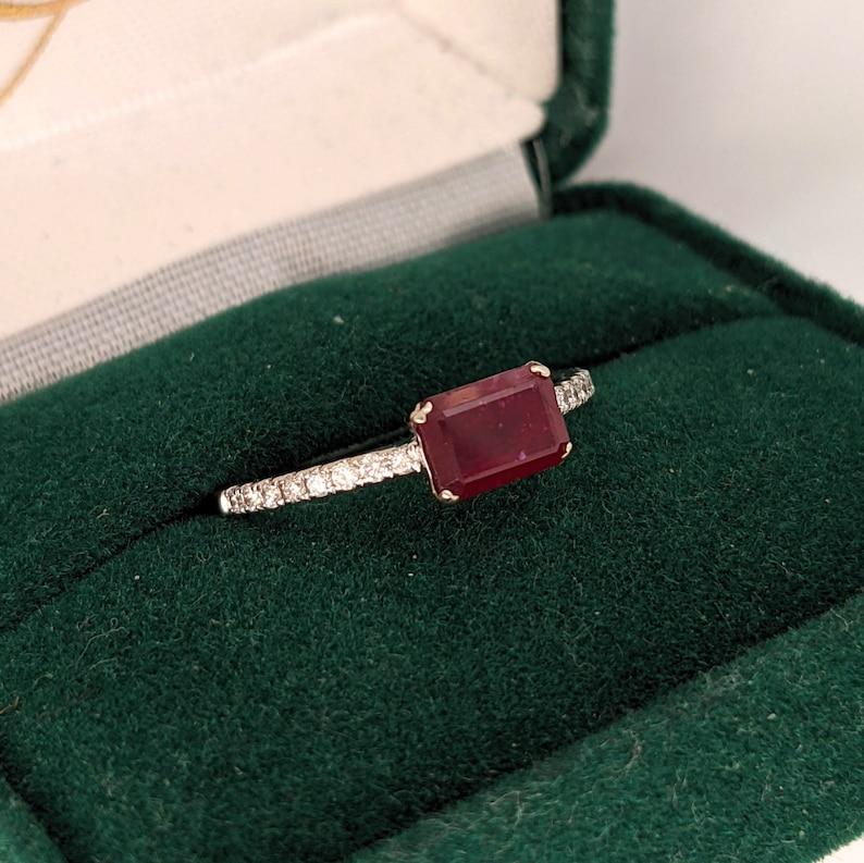 Minimalist Ruby Ring w/ Pave Diamond Shank in 14K White Gold Emerald Cut 7x5mm For Sale 2