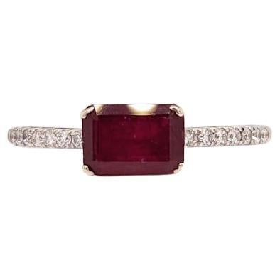 Minimalist Ruby Ring w/ Pave Diamond Shank in 14K White Gold Emerald Cut 7x5mm For Sale