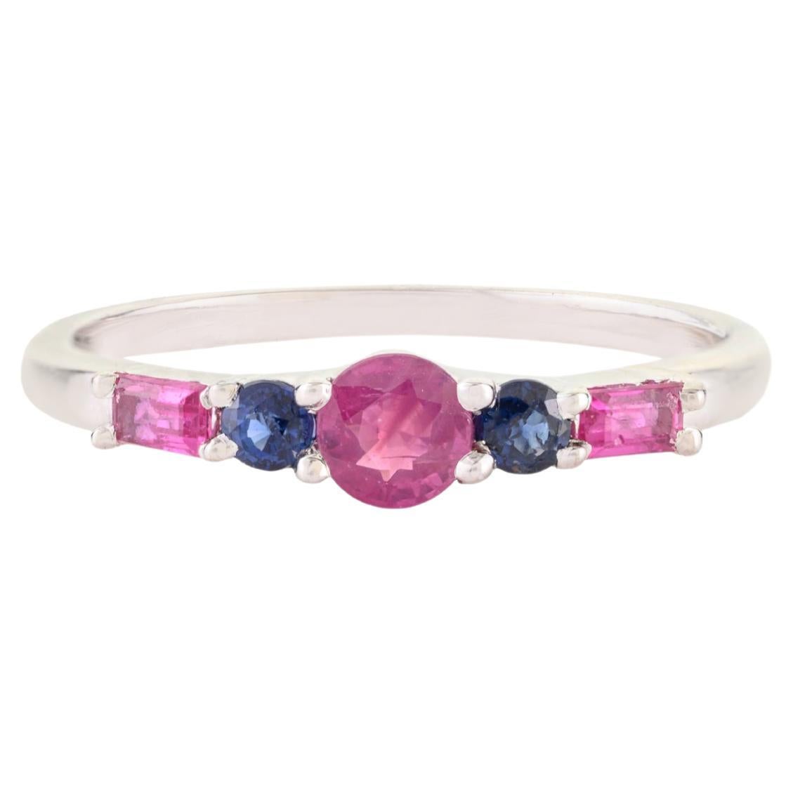 Minimalist Ruby & Sapphire Five Stone Stackable Band Ring in 14K White Gold