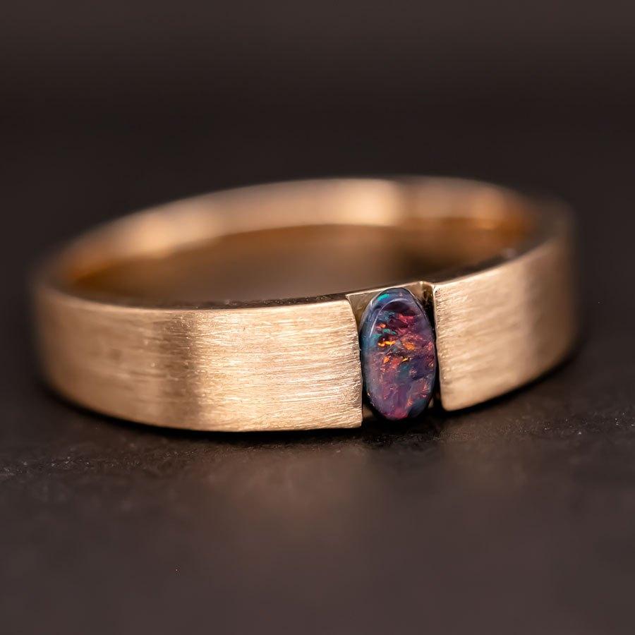 Arts and Crafts Minimalist Satin Finish Australian Black Opal Band 18K Yellow Gold For Sale