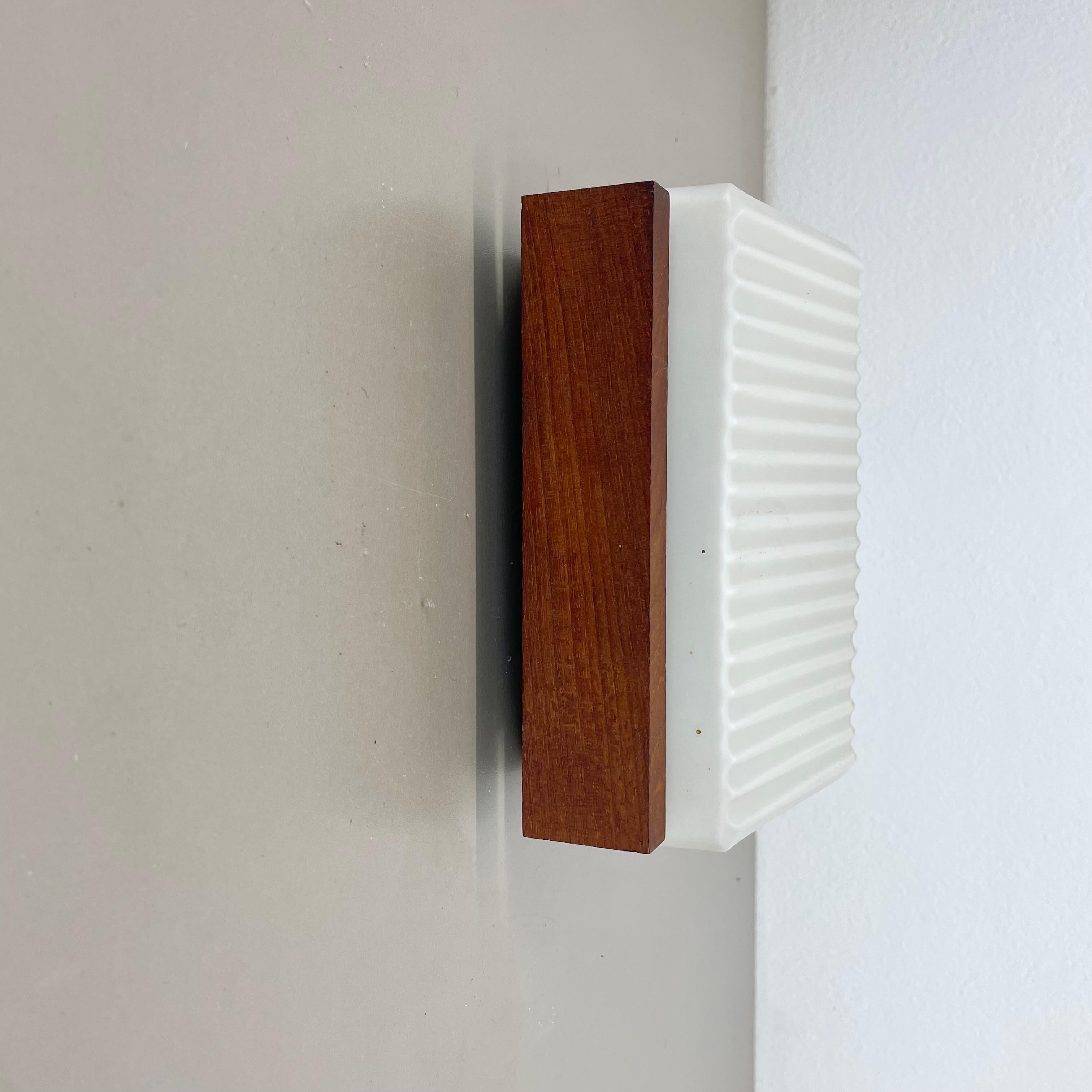 minimalist satin white glass and teak Wall Light by BEGA Lights, Germany 1960s For Sale 4