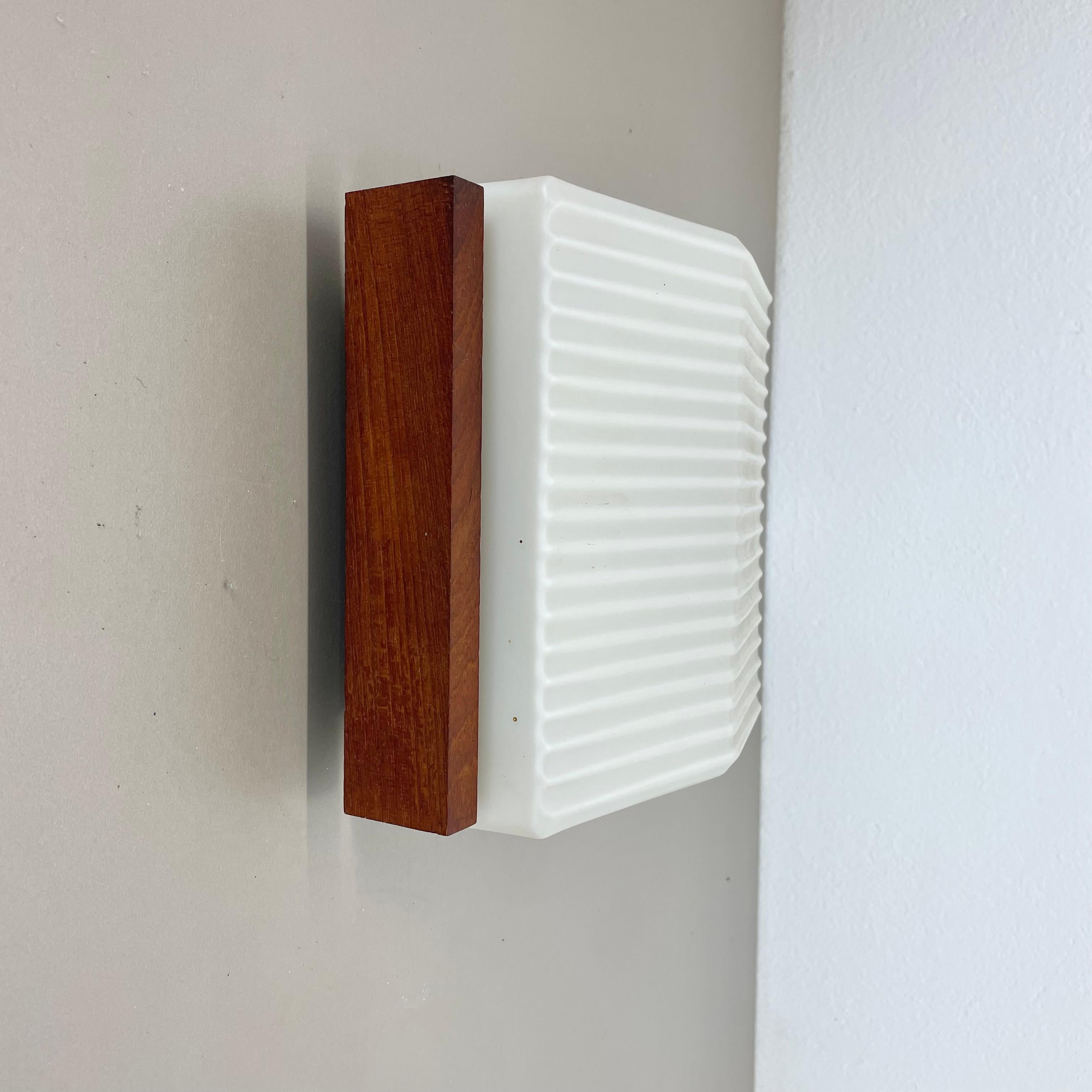 minimalist satin white glass and teak Wall Light by BEGA Lights, Germany 1960s For Sale 3