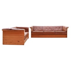 Minimalist Scandinavian Pine Cognac Brandy Leather Sofa Daybed Living Room Set