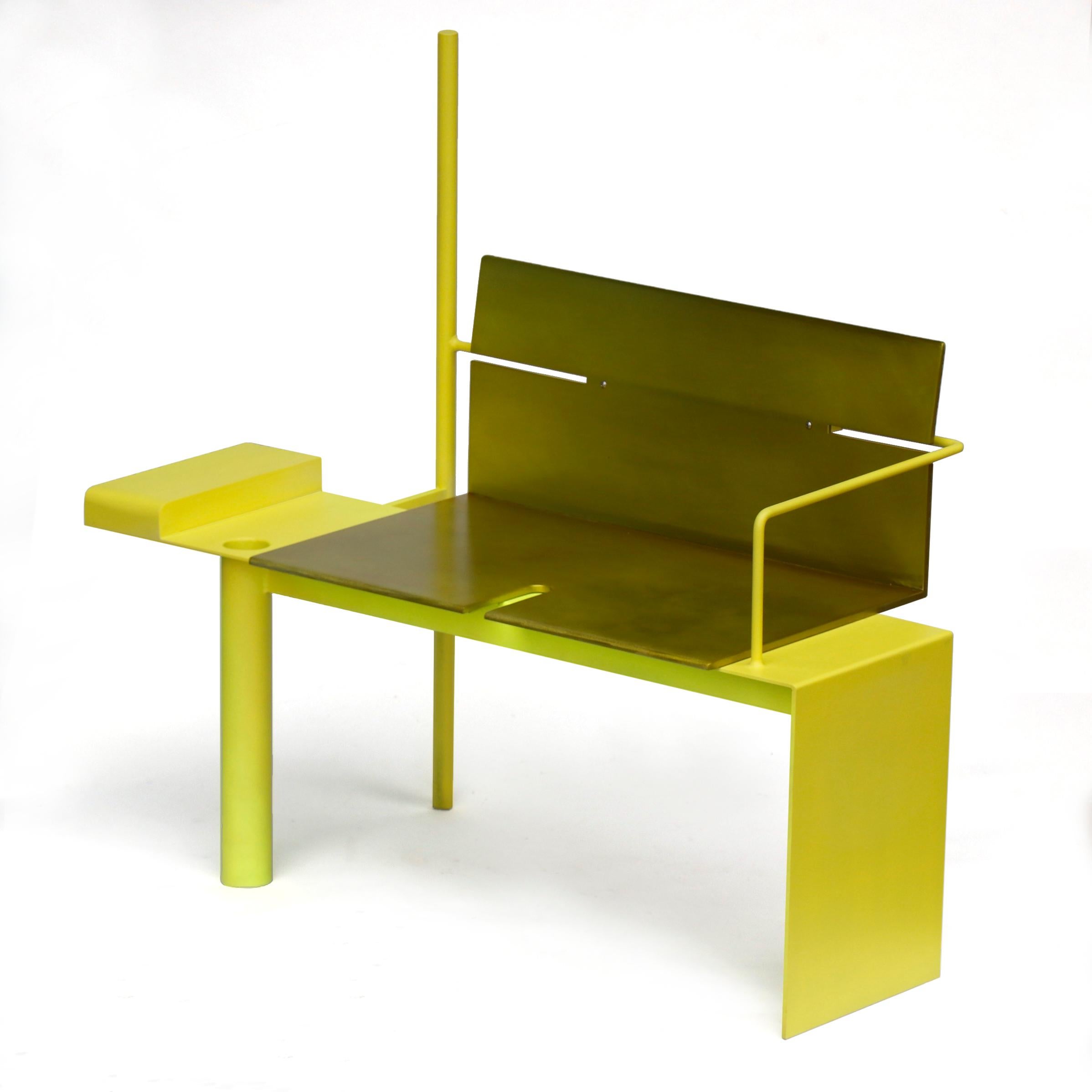 Minimalist sculptural bench/loveseat from steel and aluminum, painted in shifting green/yellow enamel and tinted yellow-green over aluminum. Piece is fabricated from solid steel plate/rod/flats and 3/8