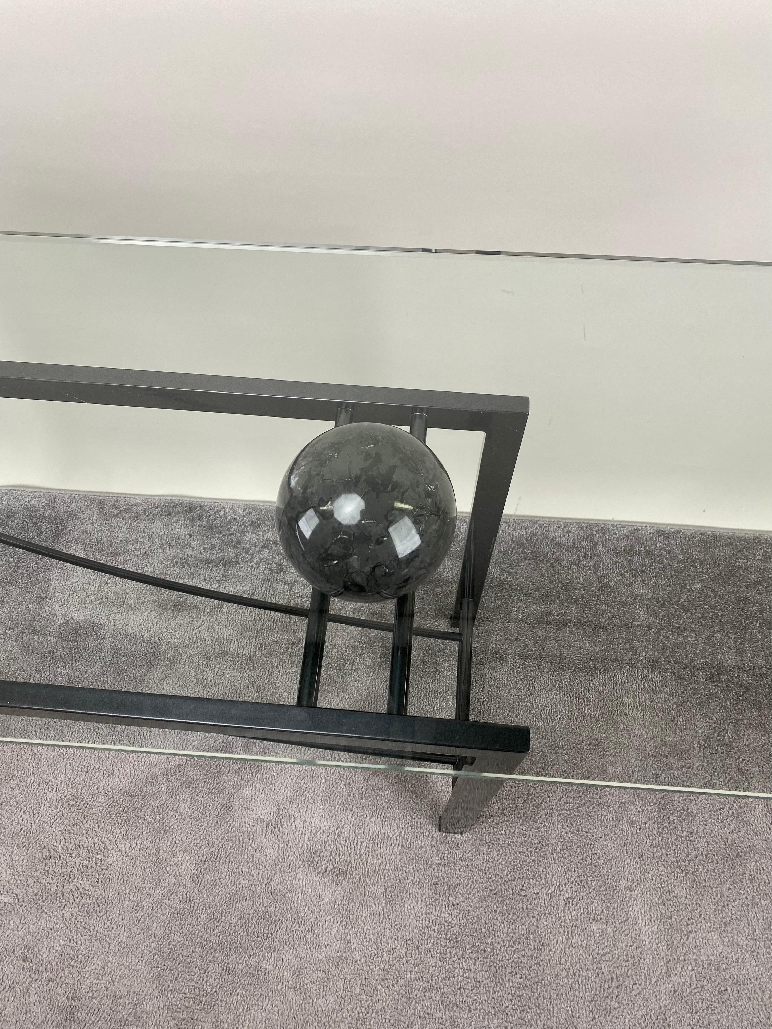 Minimalist Sculptural Geometric Metal Base Console with Marble & Glass Top  For Sale 7