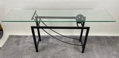 Minimalist Sculptural Geometric Metal Base Console with Marble & Glass Top