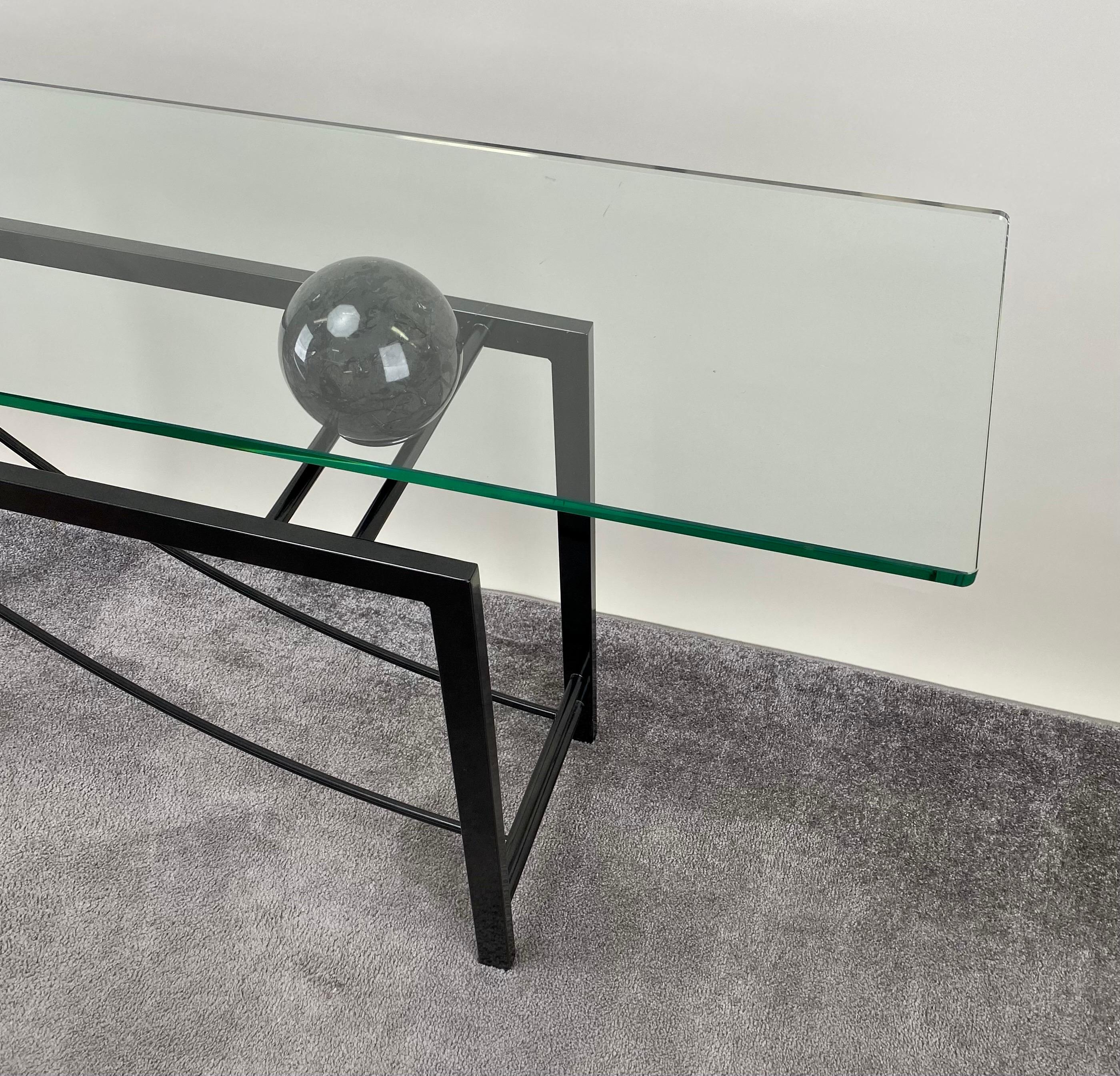 Minimalist Sculptural Geometric Metal Base Console with Marble & Glass Top  In Good Condition For Sale In Plainview, NY