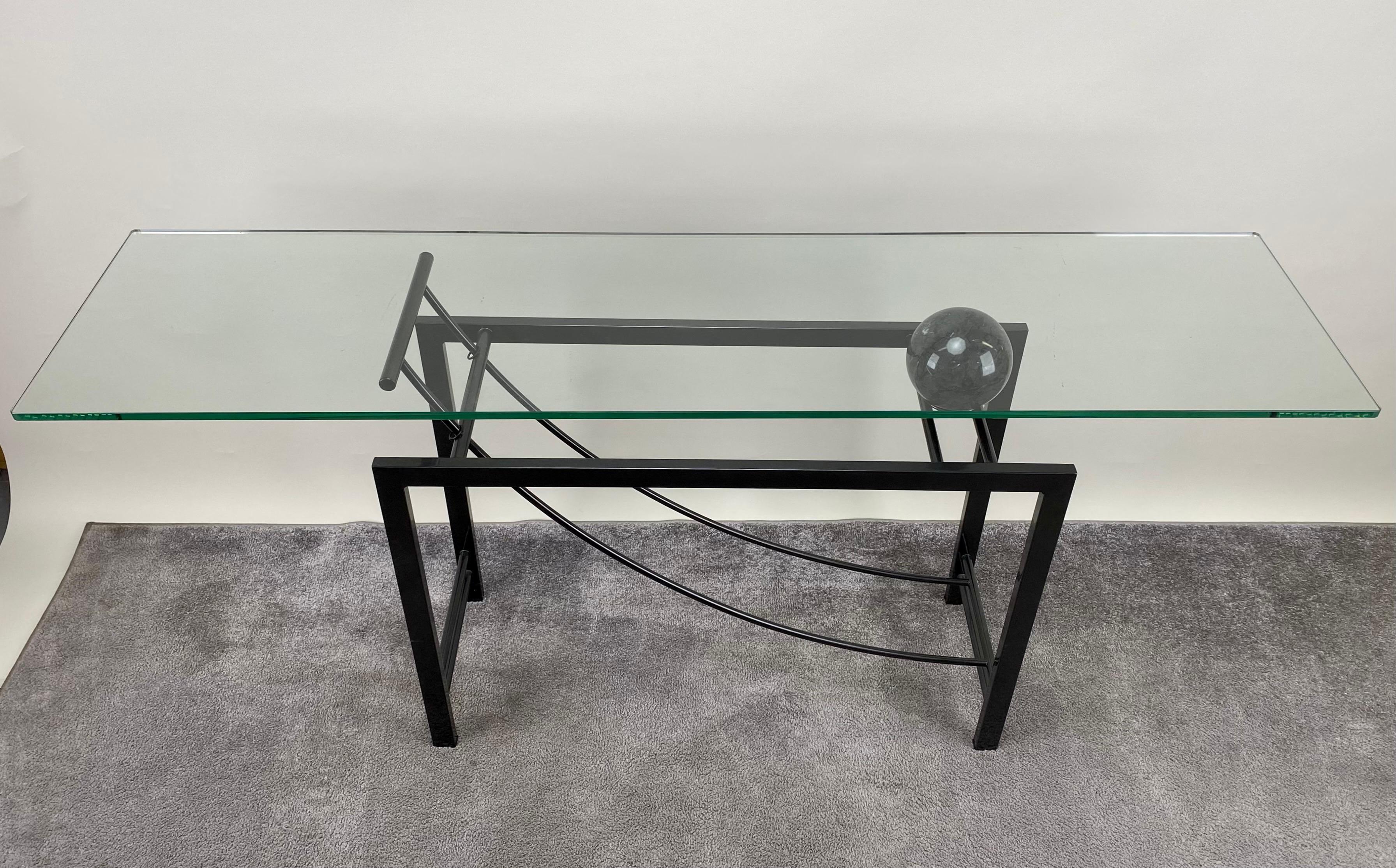 Minimalist Sculptural Geometric Metal Base Console with Marble & Glass Top  For Sale 5