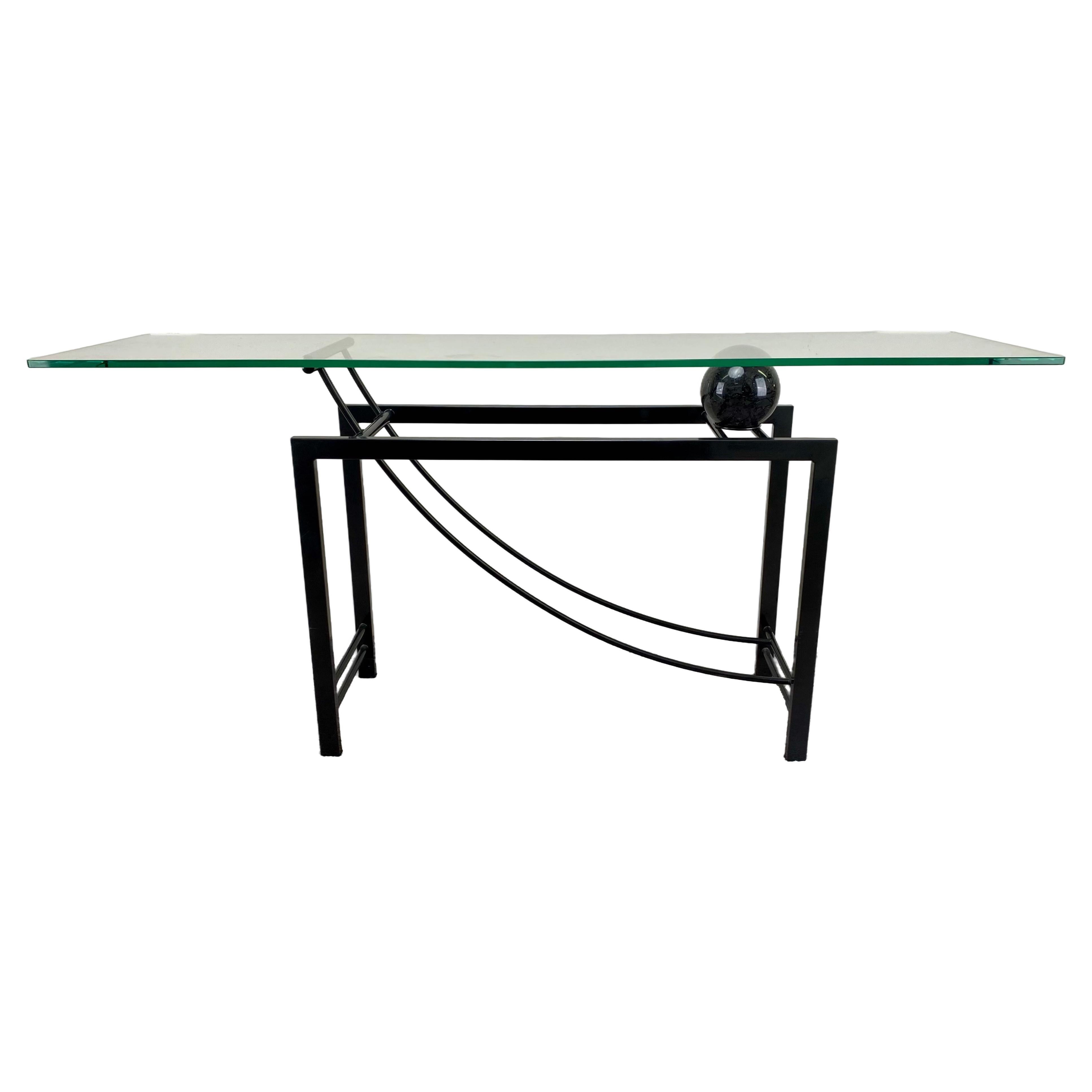 Minimalist Sculptural Geometric Metal Base Console with Marble & Glass Top