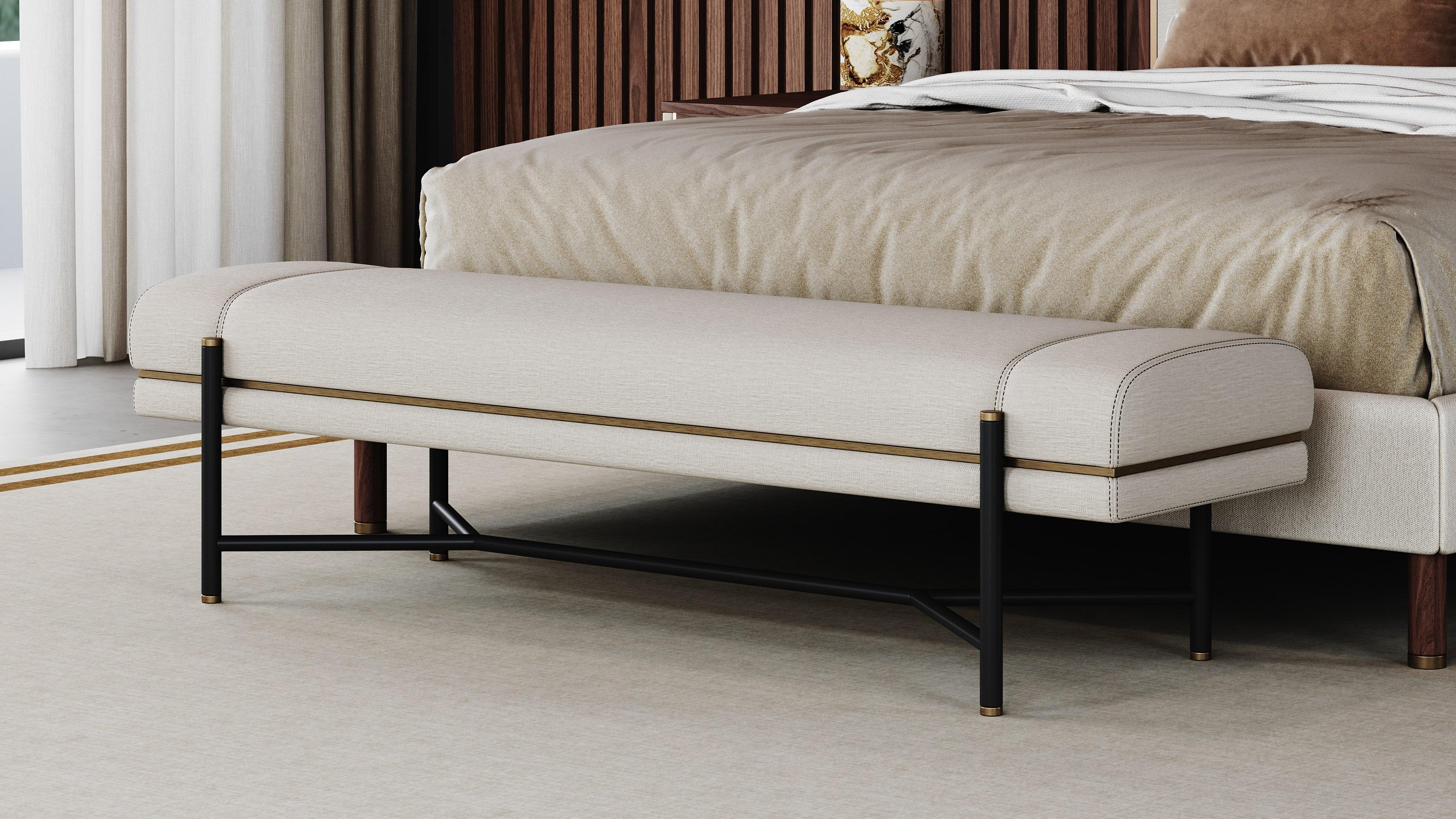 Serena bench, with its blend of polished metal and plush upholstery, offers a serene escape in any environment. Its modern design, combining strength and comfort, invites you to relax and enjoy a moment of calm.