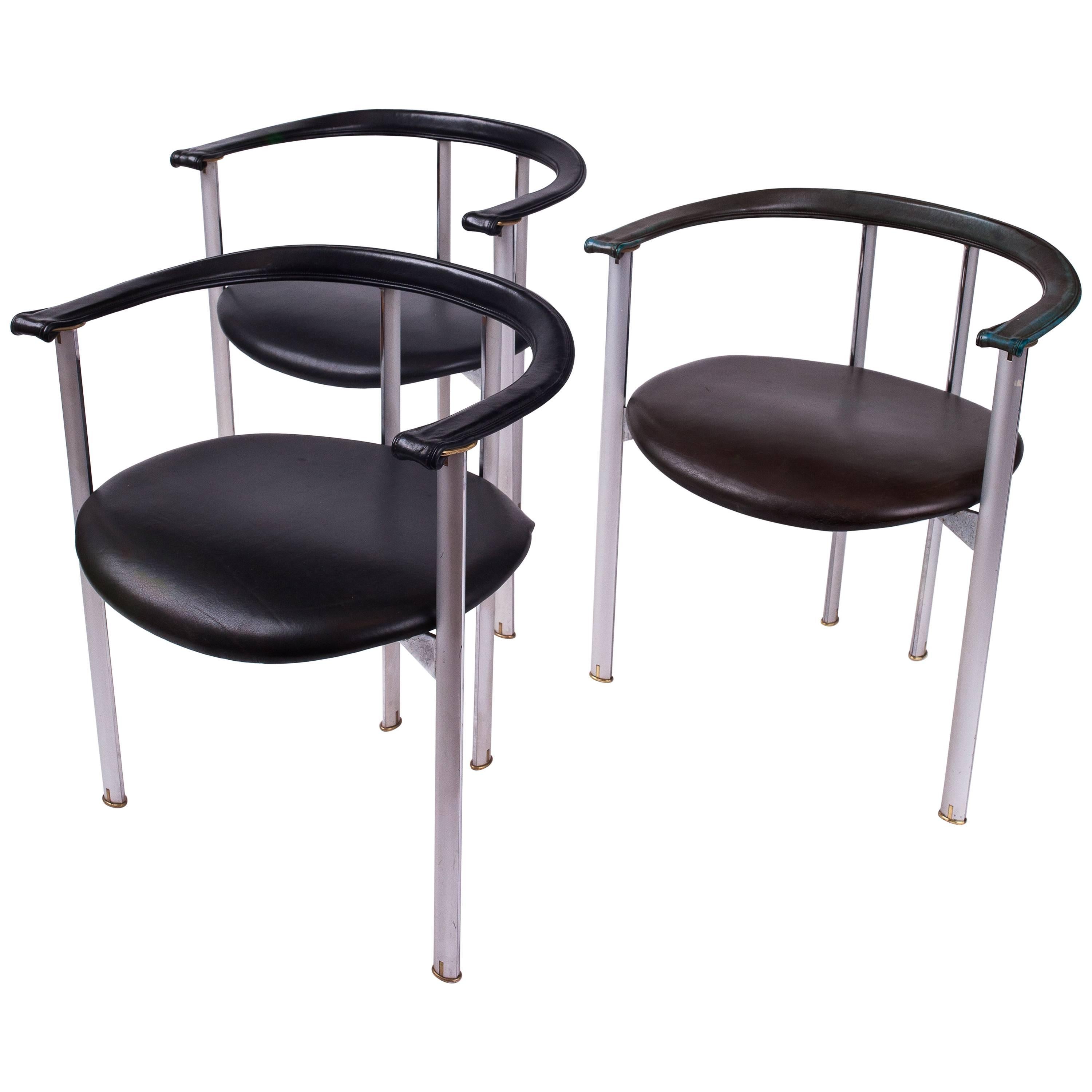 Minimalist Set of Three B&B Italia Dining Chairs in Steel & Leather, Italy 1980s For Sale