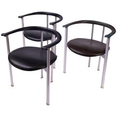 Minimalist Set of Three B&B Italia Dining Chairs in Steel & Leather, Italy 1980s