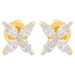 Minimalist SI Clarity HI Color Diamond Floral Stud Earrings 18 Karat Yellow Gold