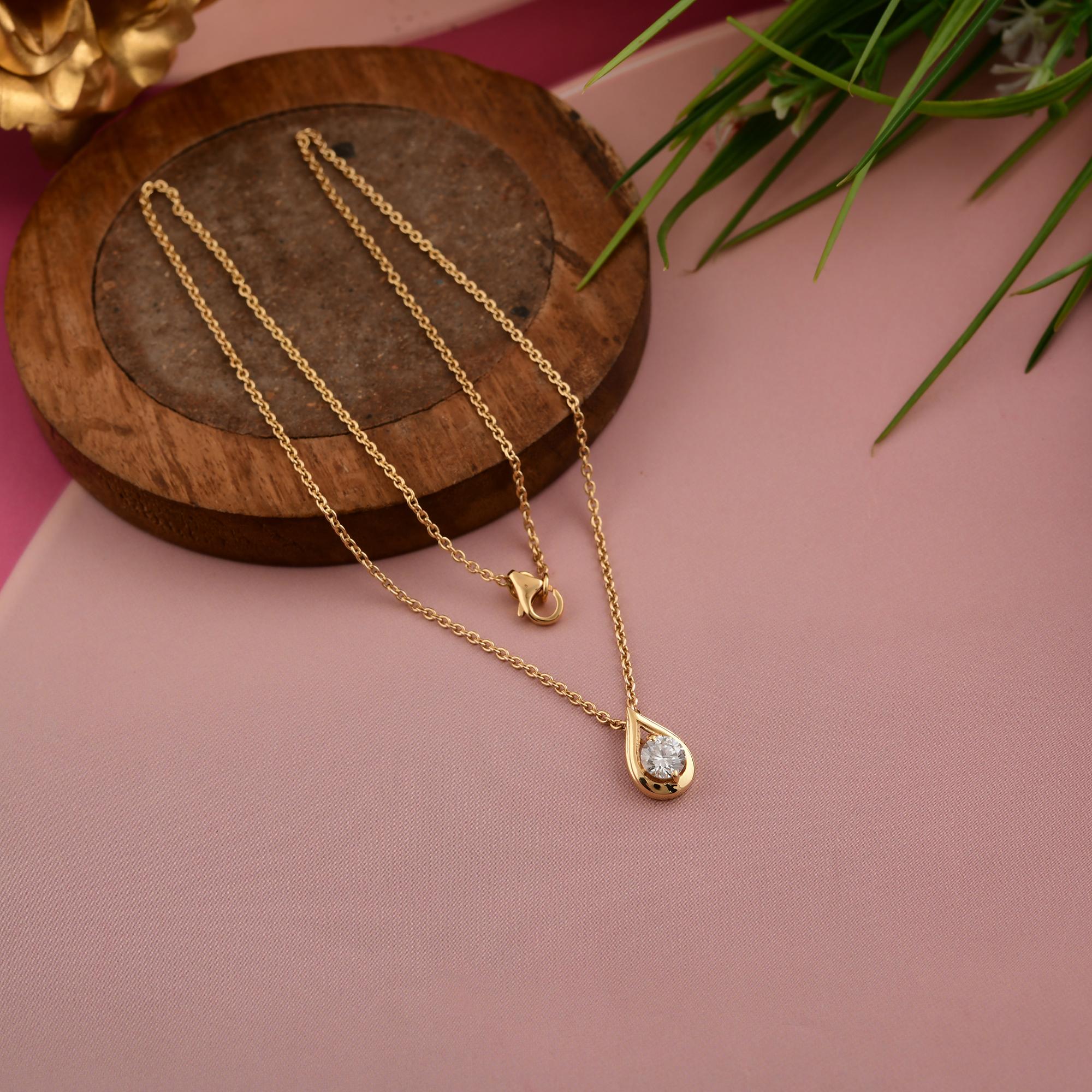Minimalistischer SI/HI Diamant Teardrop-Anhänger Halskette Geschenk 14 Karat Gelbgold im Angebot 1