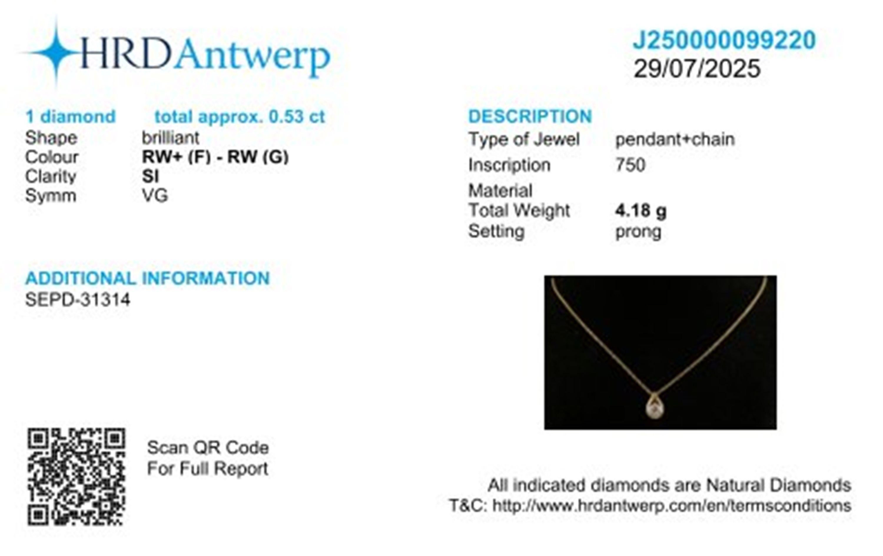 Modern Minimalist SI/HI Pear Diamond Pendant Necklace 18k Yellow Gold HRD Certified For Sale