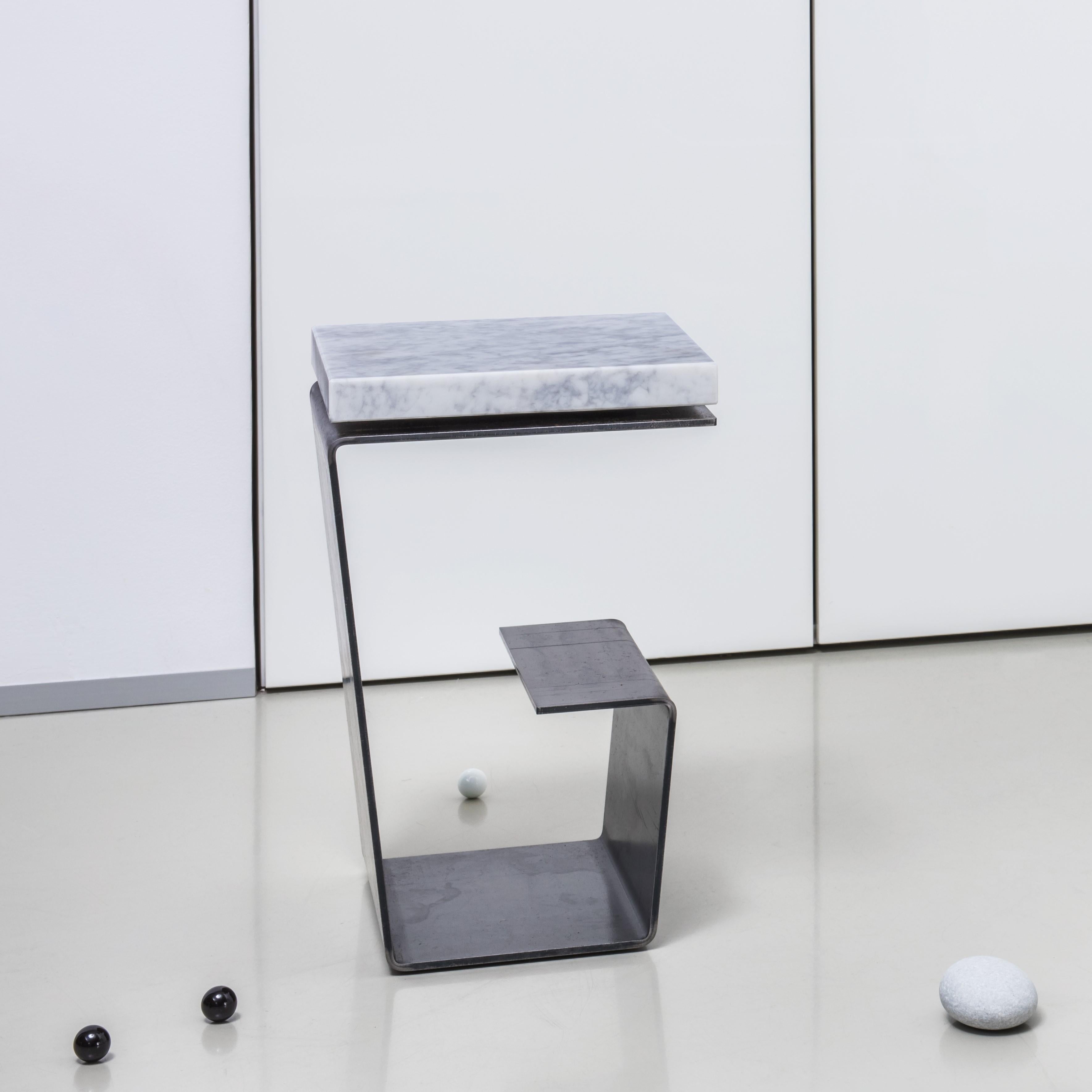 Metalwork Minimalist Side Table by Tomasz Danielec, Raw Steel, Bianco Carrara Marble For Sale