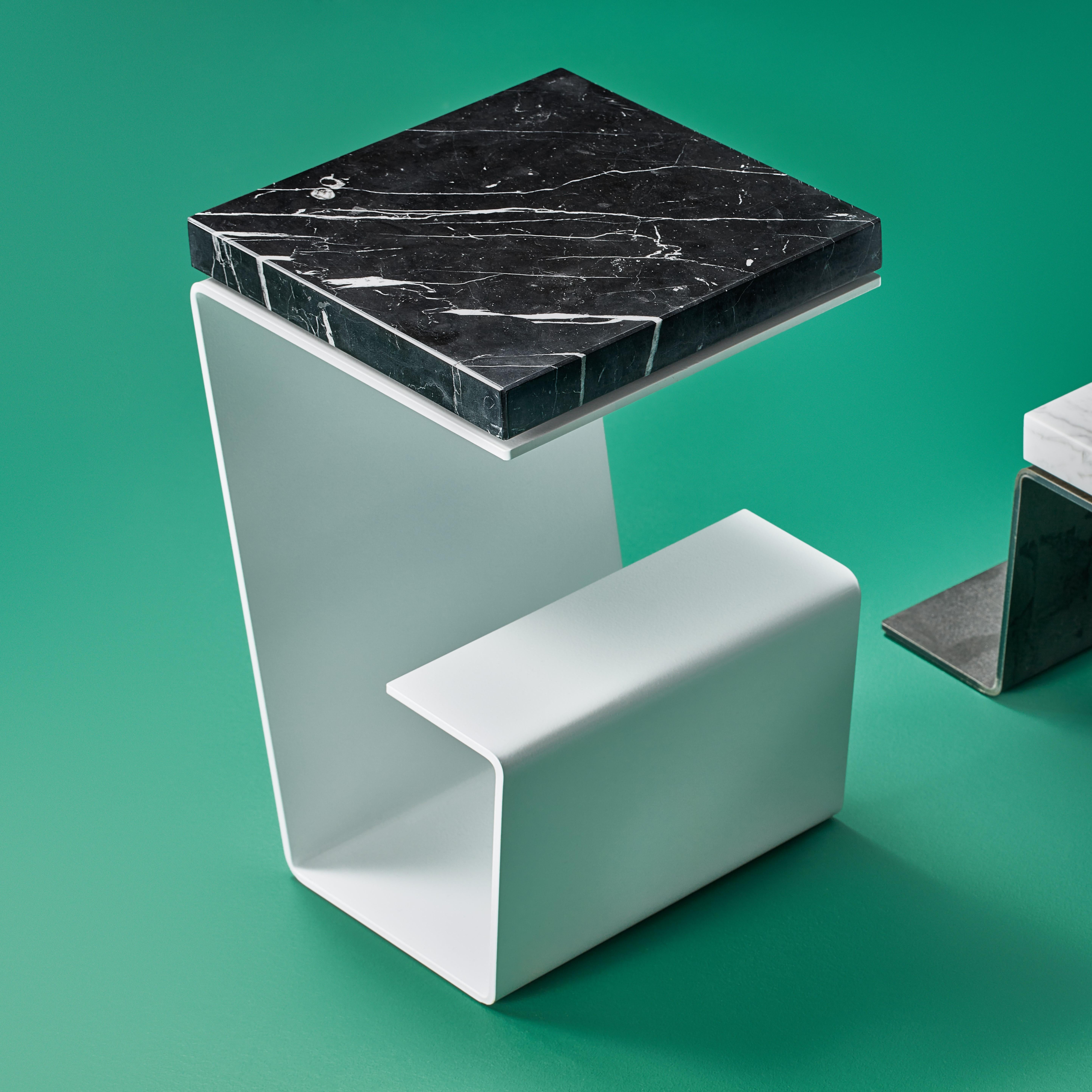 Metalwork Minimalist Side Table by Tomasz Danielec, White Finish, Nero Marquina Marble For Sale