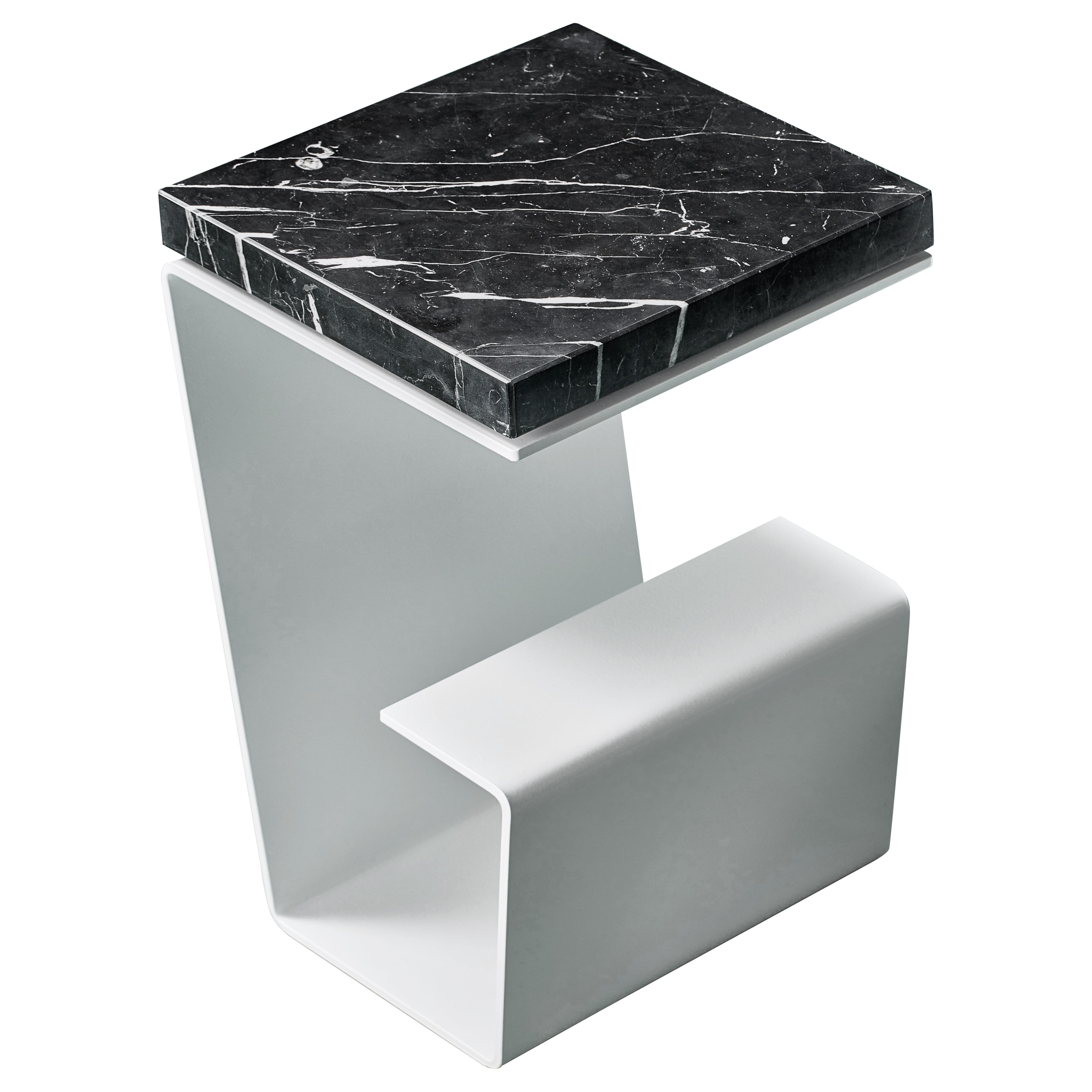 Minimalist Side Table by Tomasz Danielec, White Finish, Nero Marquina Marble For Sale