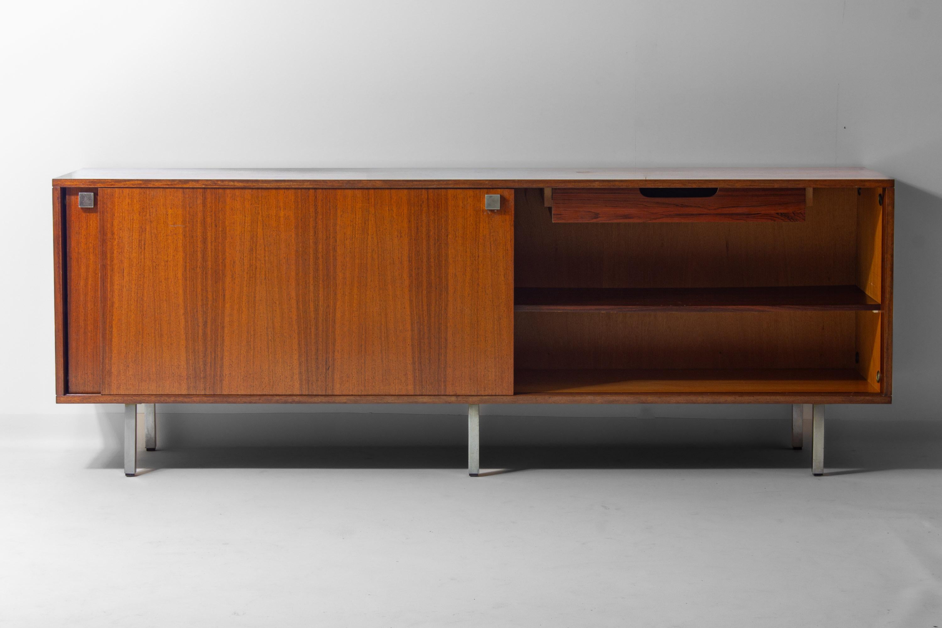 Mid-20th Century Minimalist sideboard in teak and chrome by Alfred Hendrickx, 1960s For Sale