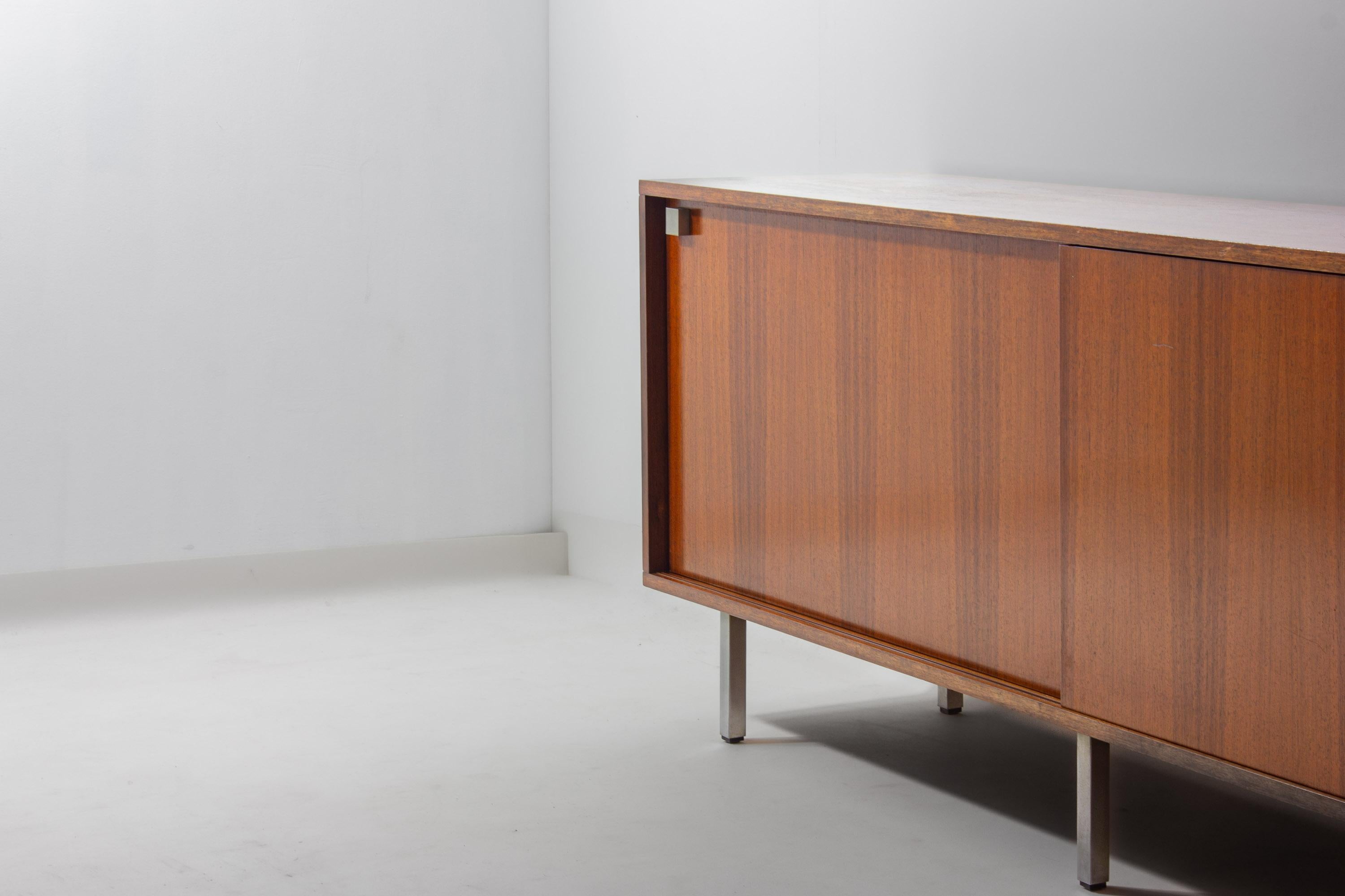 Teak Minimalist sideboard in teak and chrome by Alfred Hendrickx, 1960s For Sale