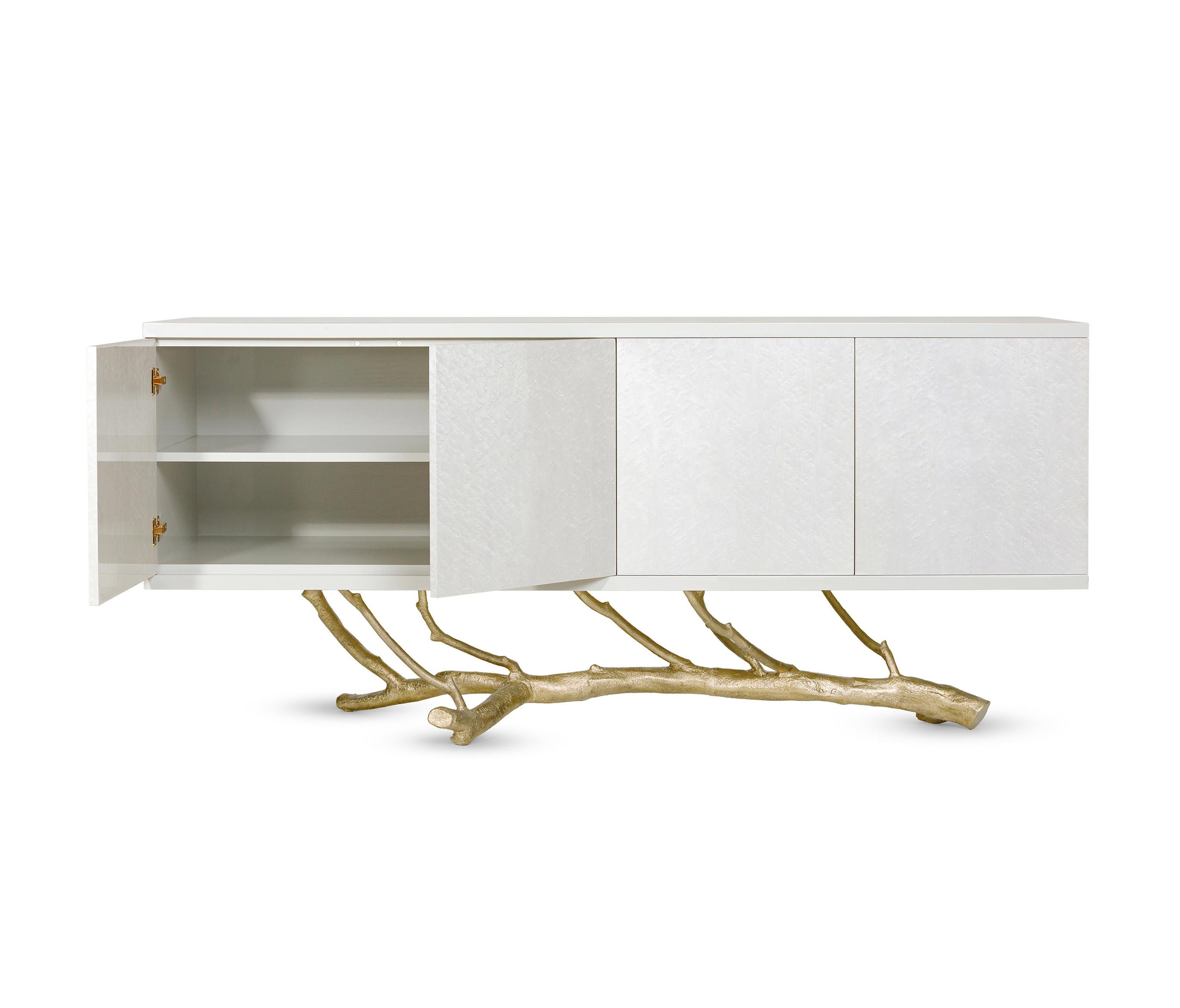 Hand-Crafted Minimalist Sideboard Standing on Cast Brass Base For Sale