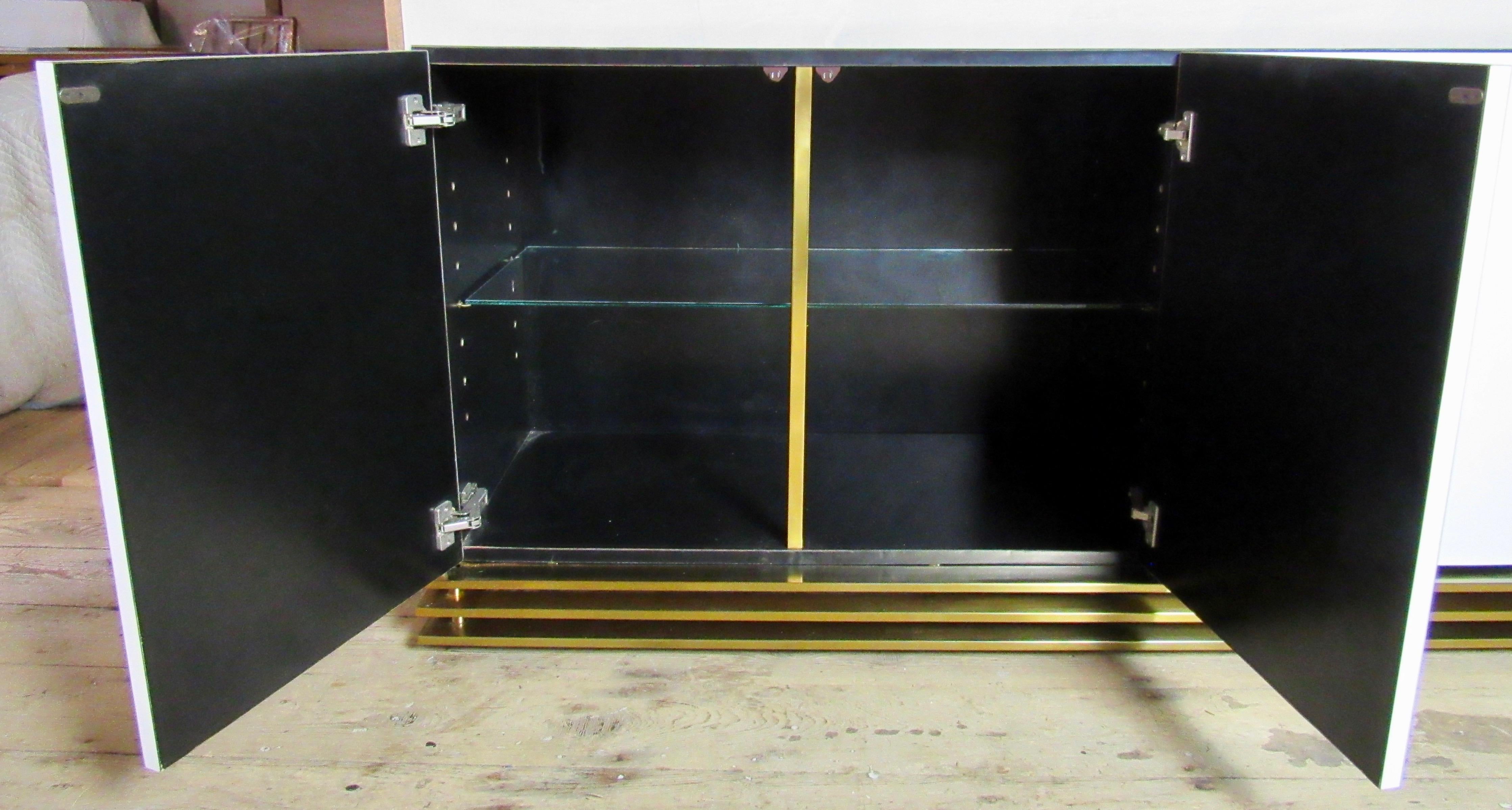 Minimalist Sideboard White Lucite Triple Band Brass Base, circa 1970 In Good Condition In Camden, ME