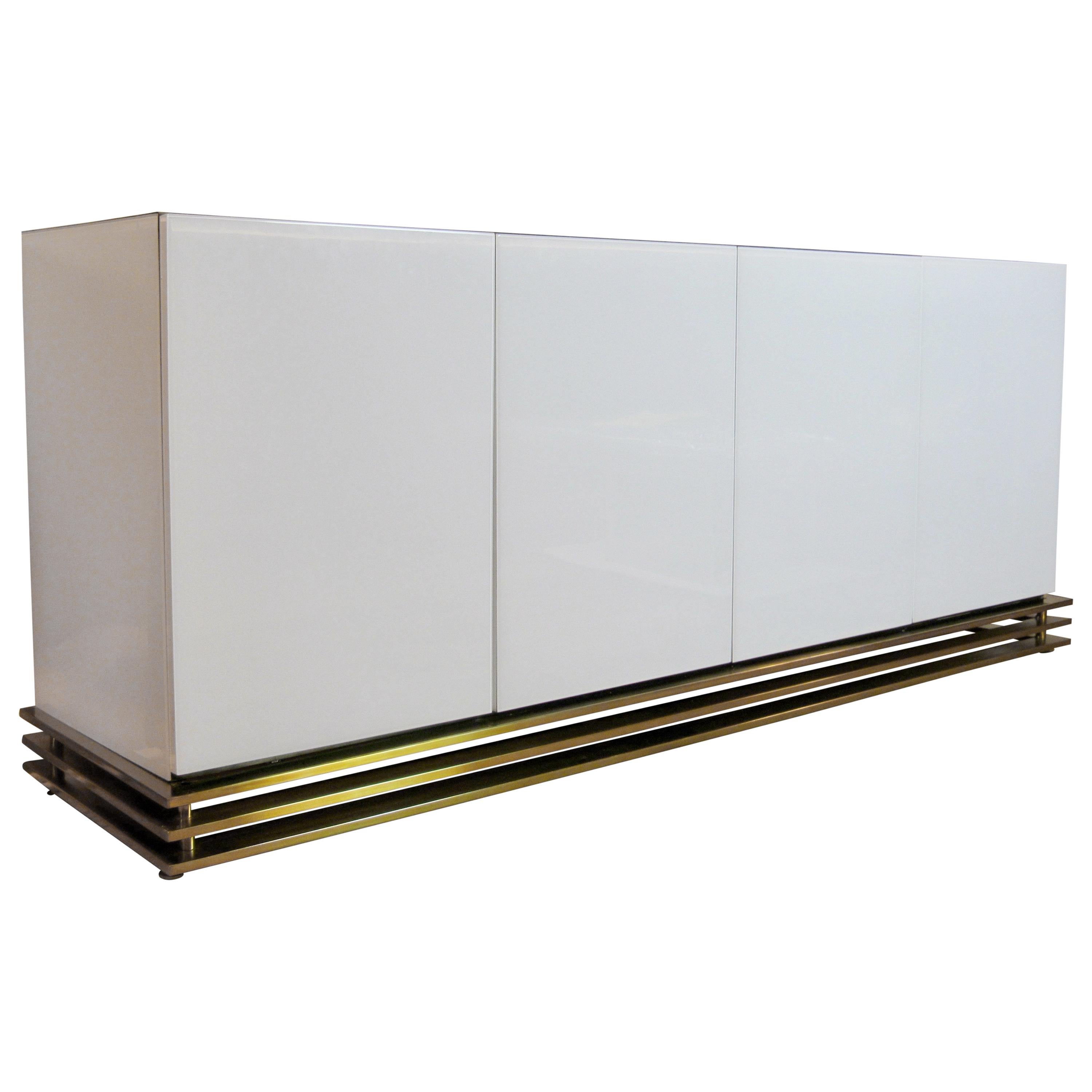 Minimalist Sideboard White Lucite Triple Band Brass Base, circa 1970