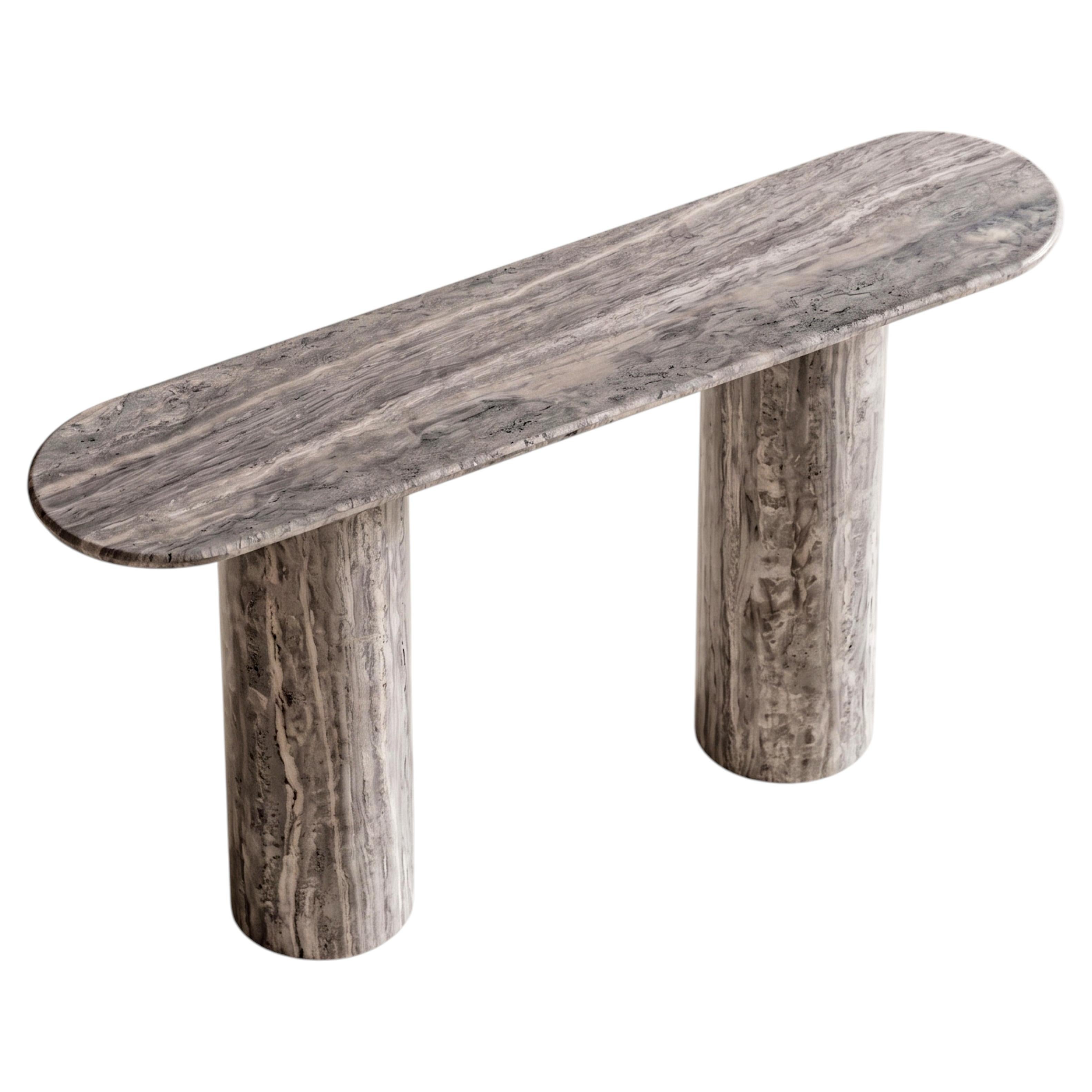 Mesa Consola Minimalista de Travertino Plateado Bruñido Acabado Mate Orgánico Moderno