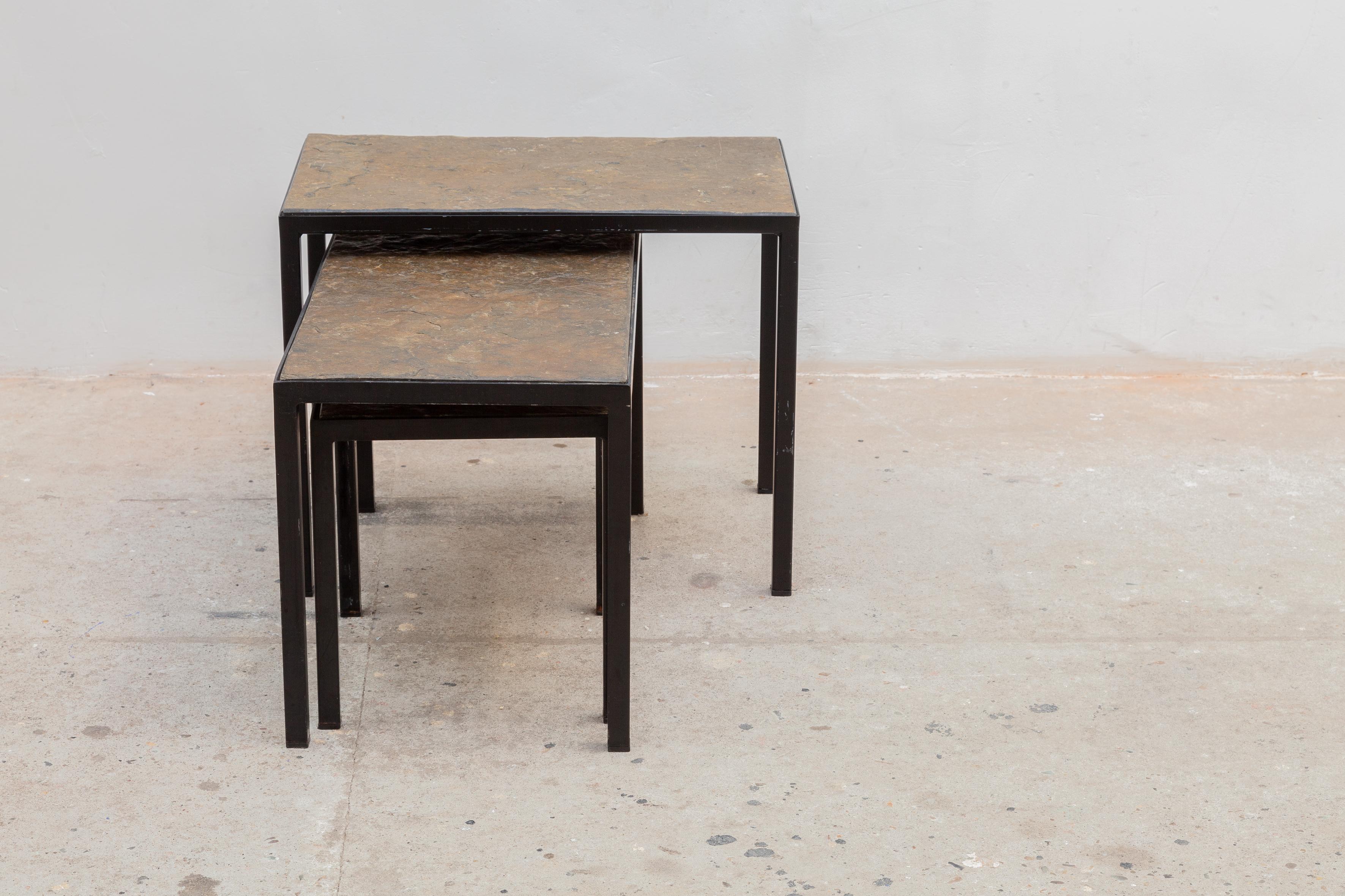 Mid-Century Modern Minimalist Slate Stone and Metal Nesting Tables For Sale