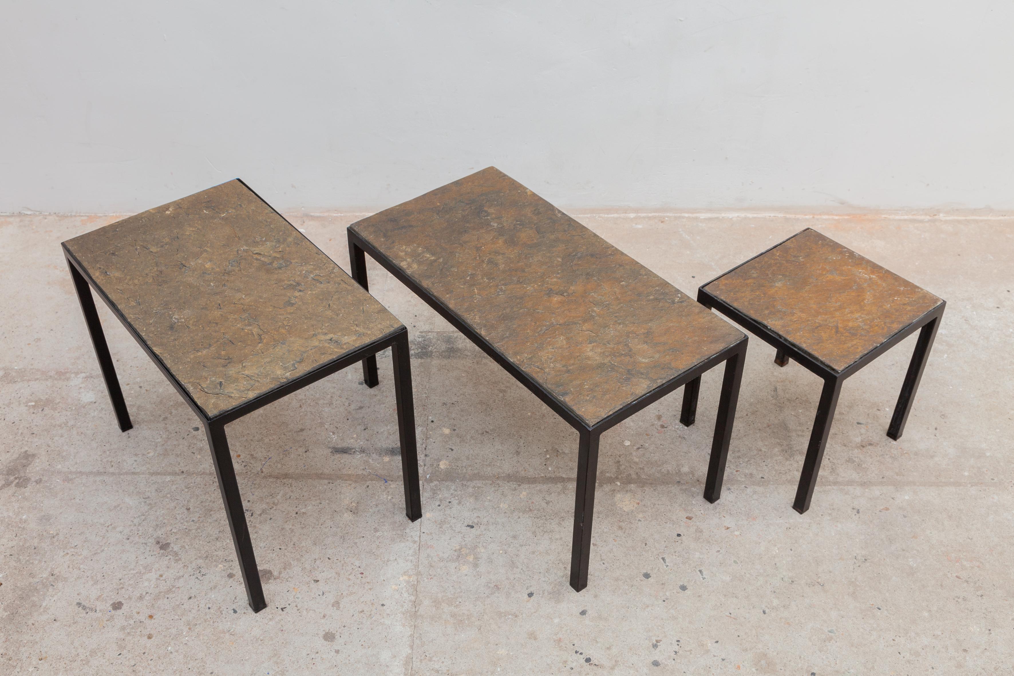 Dutch Minimalist Slate Stone and Metal Nesting Tables For Sale