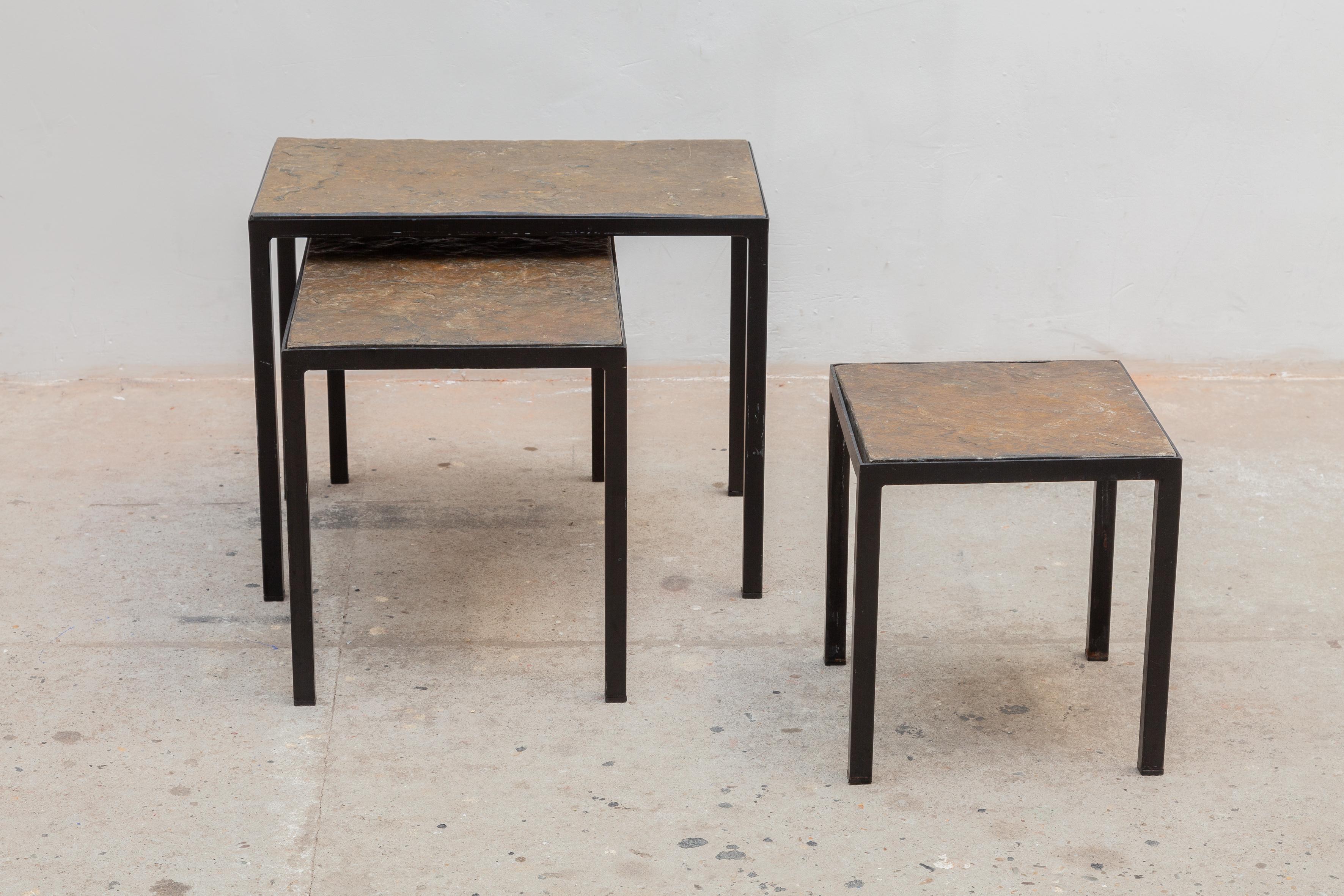Mid-20th Century Minimalist Slate Stone and Metal Nesting Tables For Sale