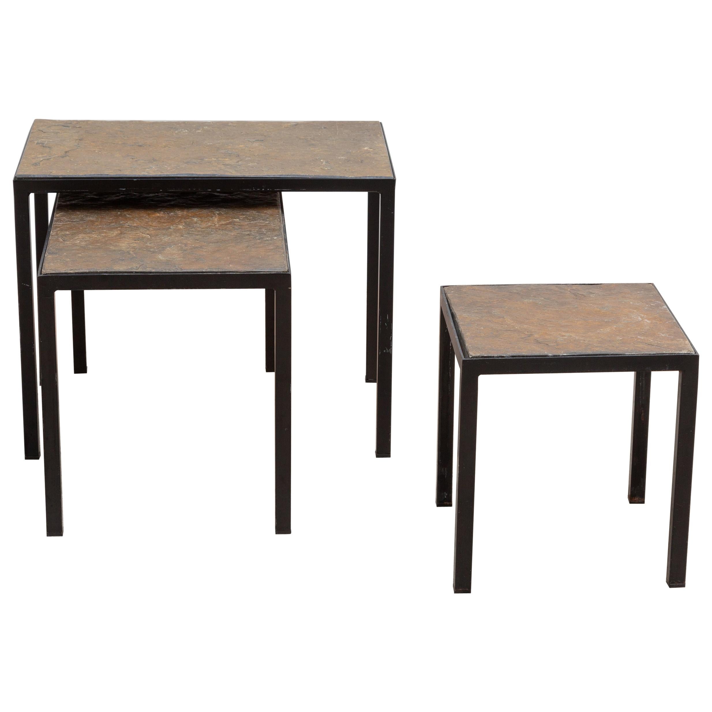 Minimalist Slate Stone and Metal Nesting Tables For Sale