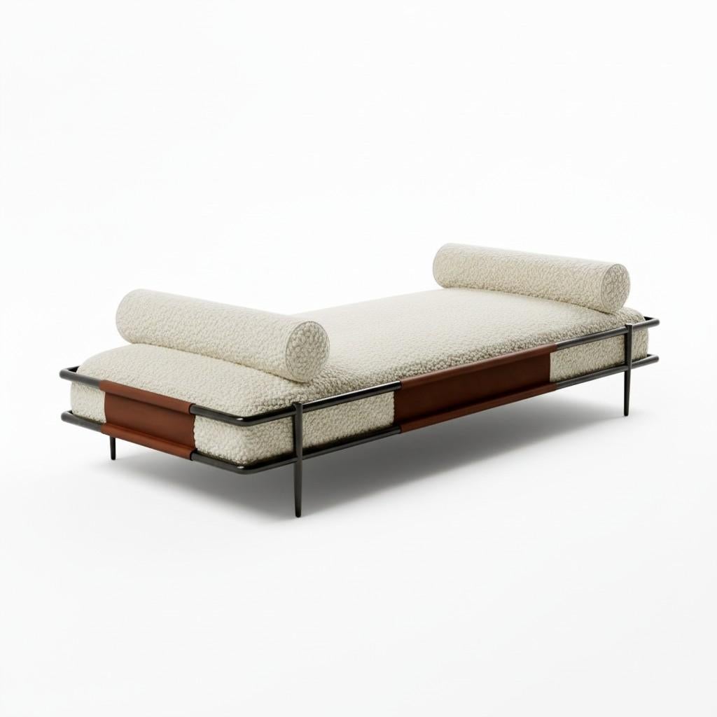 Lit de jour minimaliste et épuré en métal avec accents en cuir tabac-Mondo Design en vente 2