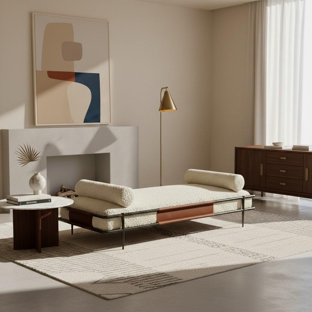 Lit de jour minimaliste et épuré en métal avec accents en cuir tabac-Mondo Design en vente 6