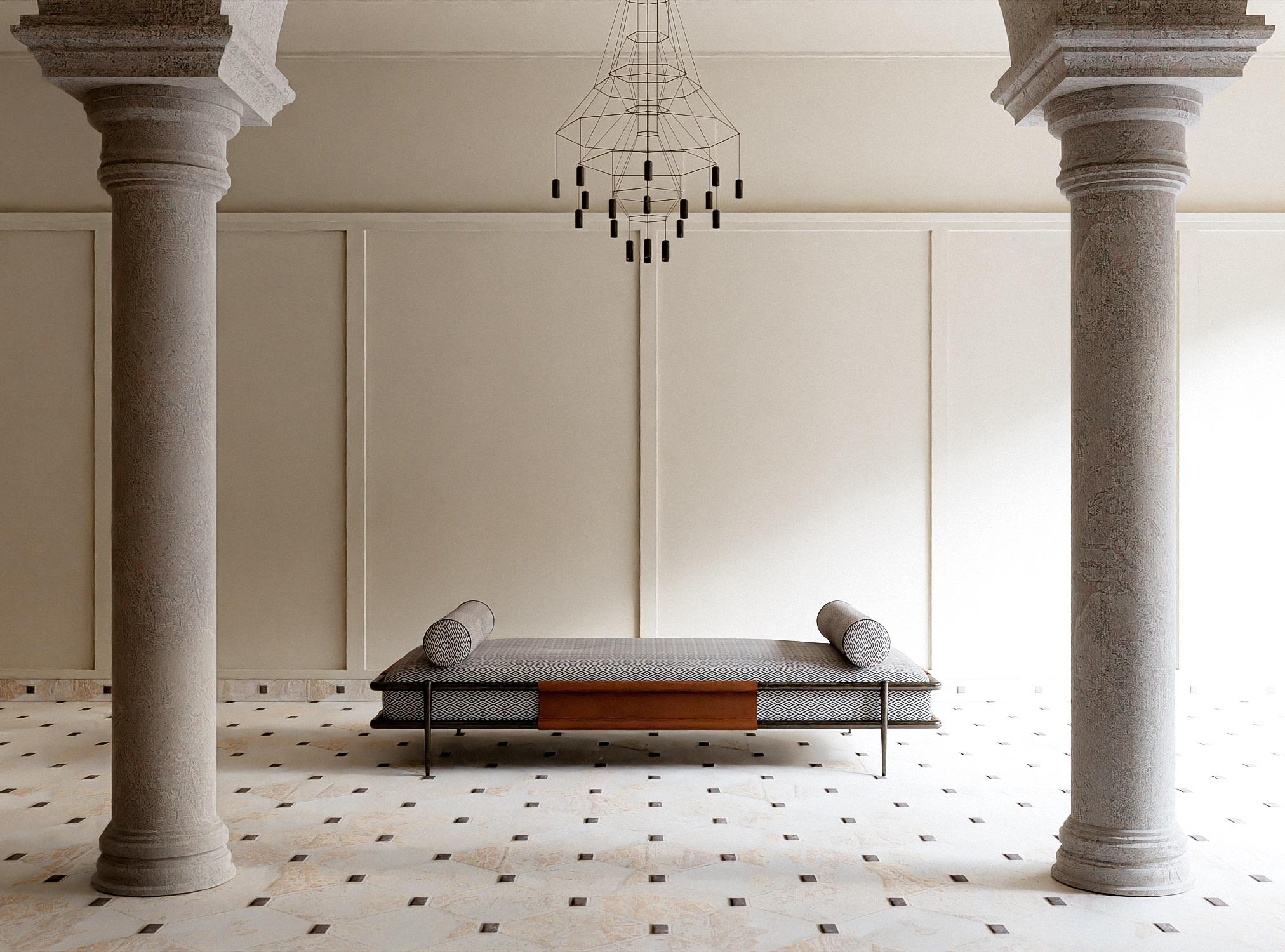 XXIe siècle et contemporain Lit de jour minimaliste et épuré en métal avec accents en cuir tabac-Mondo Design en vente