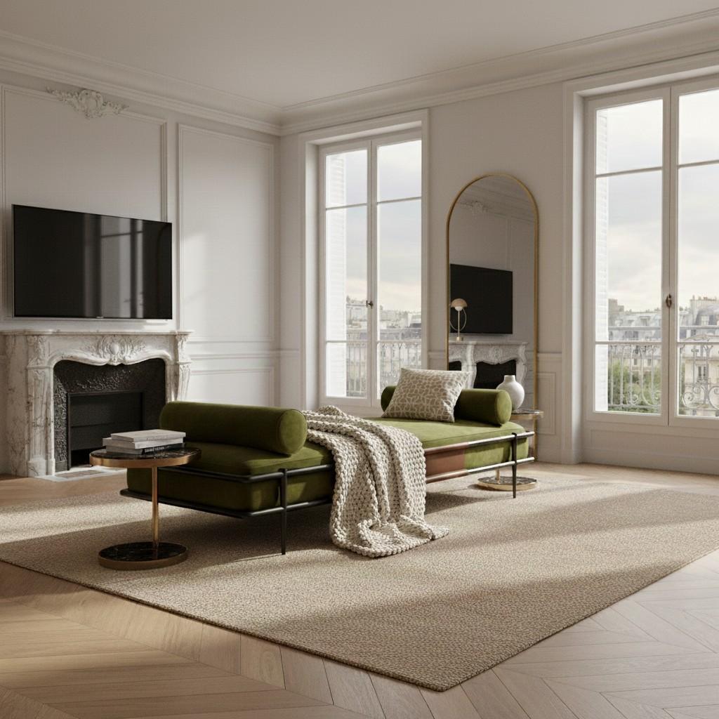 Lit de jour minimaliste et épuré en métal avec accents en cuir tabac-Mondo Design en vente 1