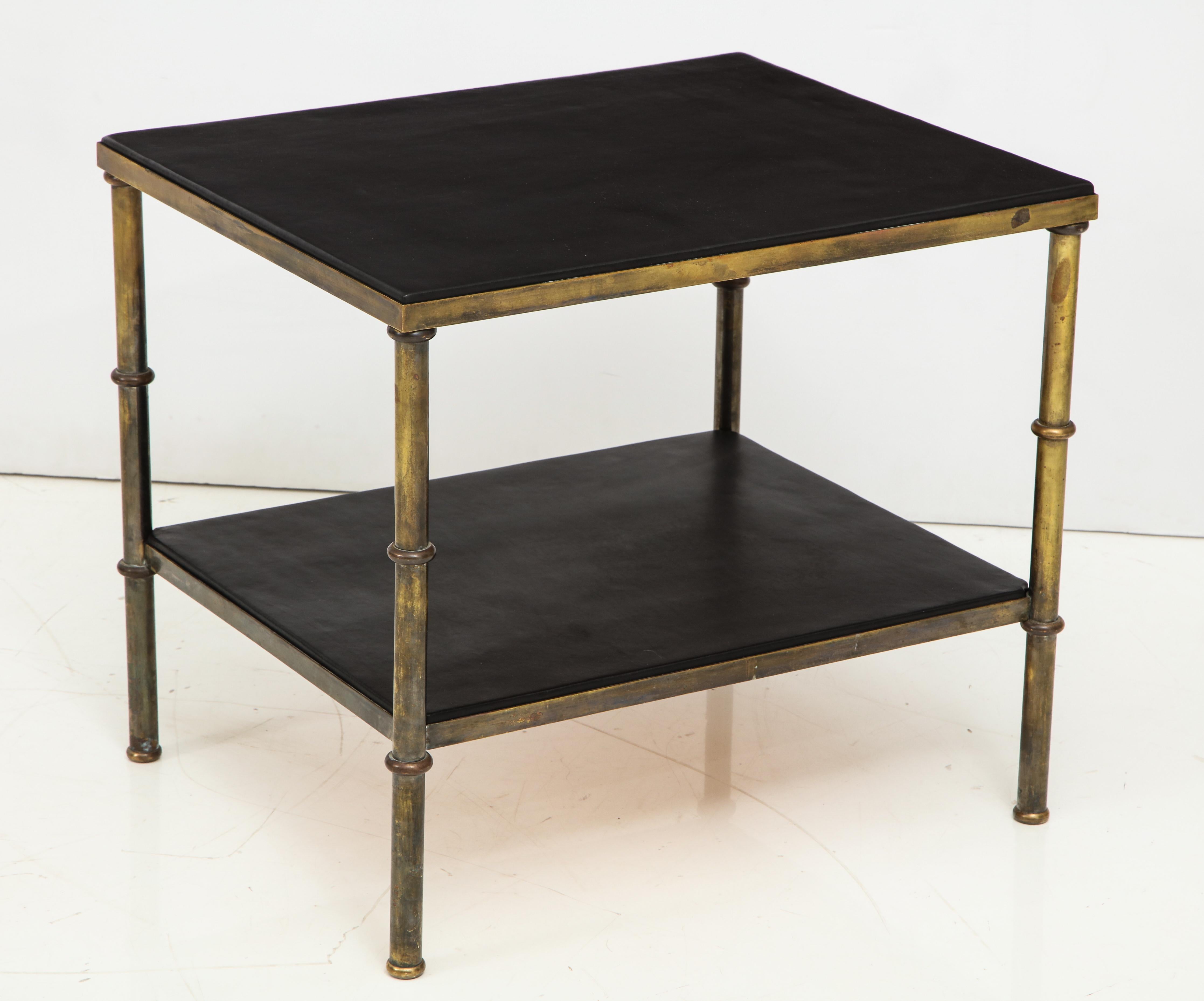 Attributed to Jacques Quinet
Patinated bronze; fresh black leather tops
Rare.
 