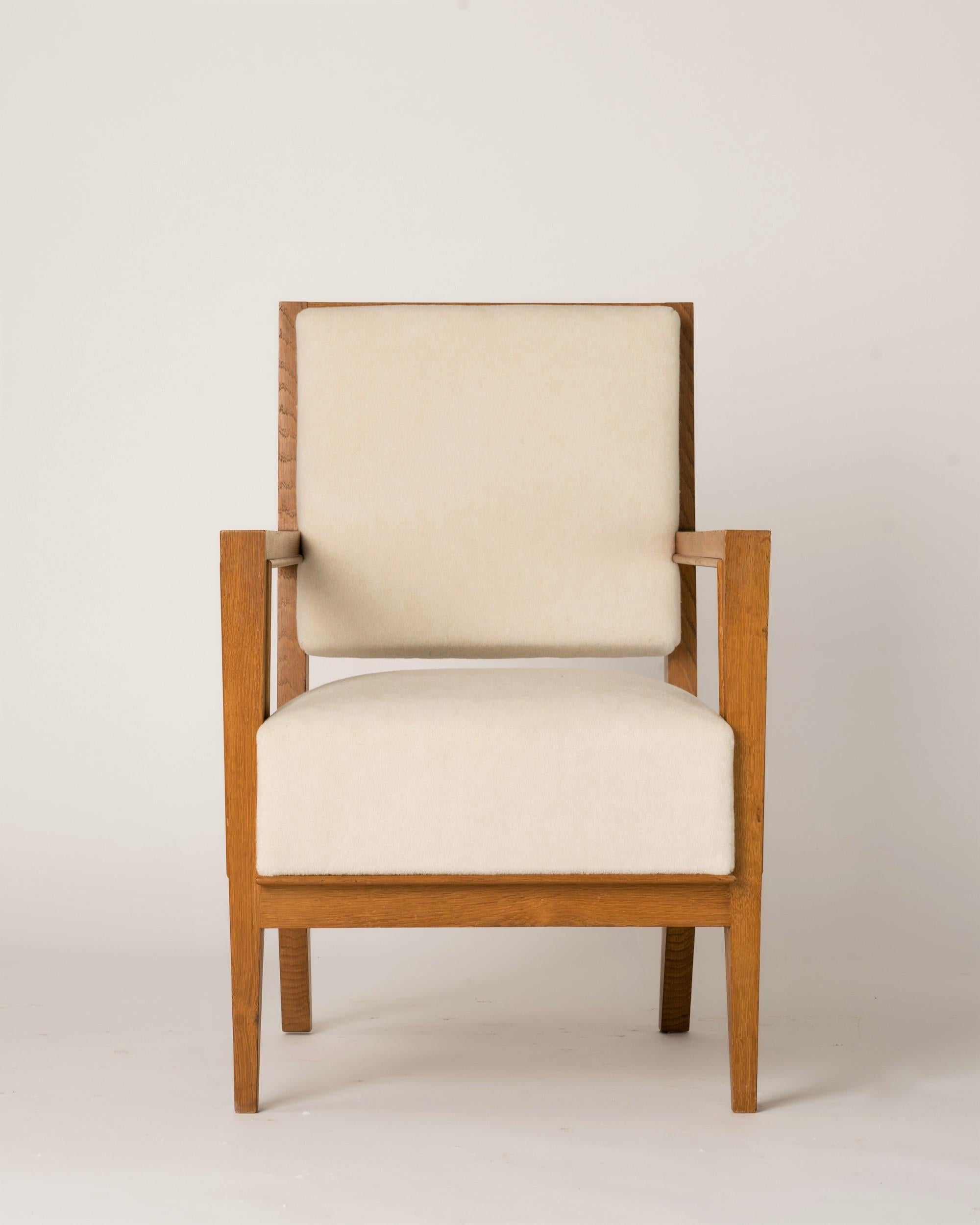French Minimalist Solid Oak Armchair Creme Pierre Frey Mohair, France 1940's For Sale