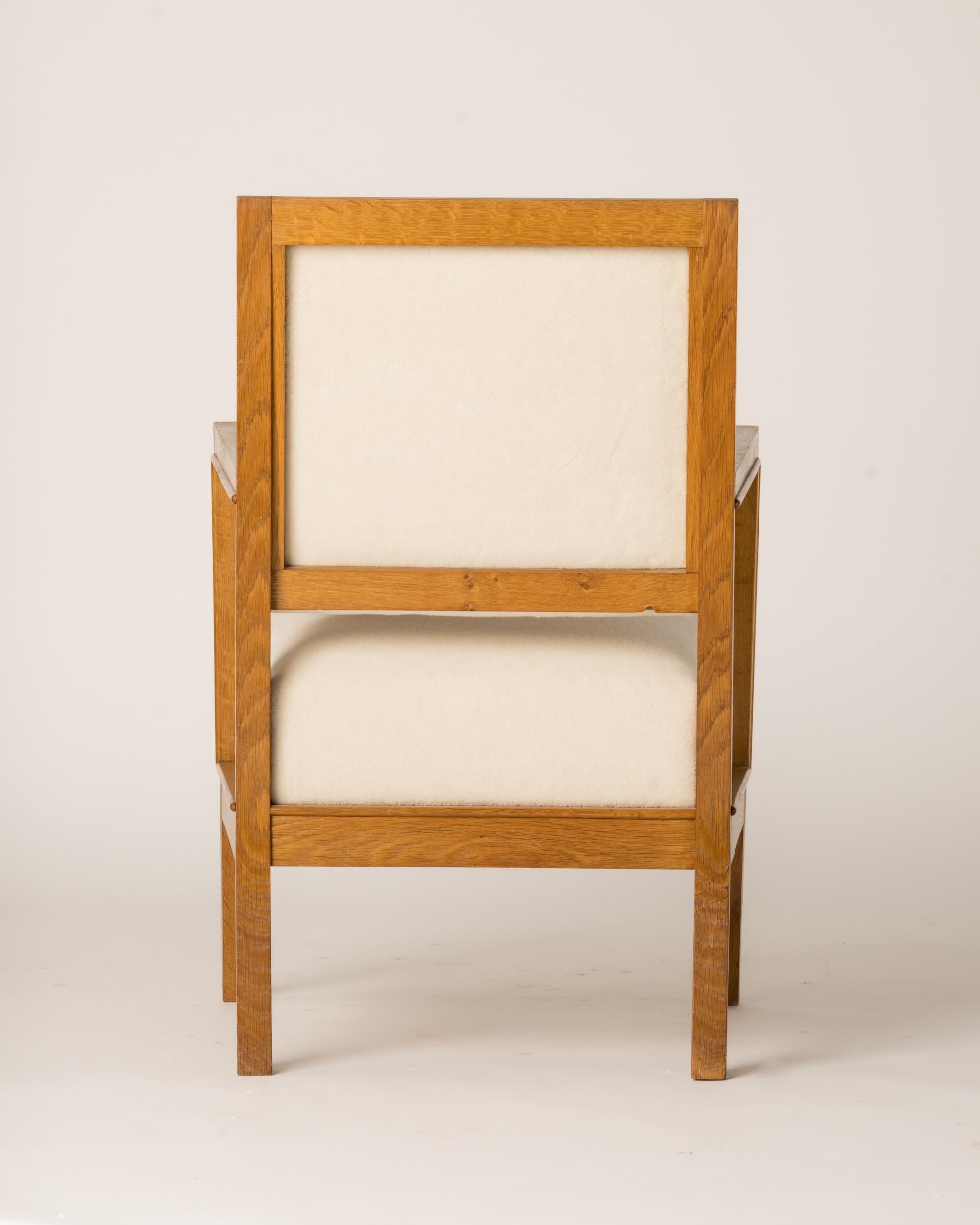 Minimalist Solid Oak Armchair Creme Pierre Frey Mohair, France 1940's In Good Condition For Sale In New York, NY