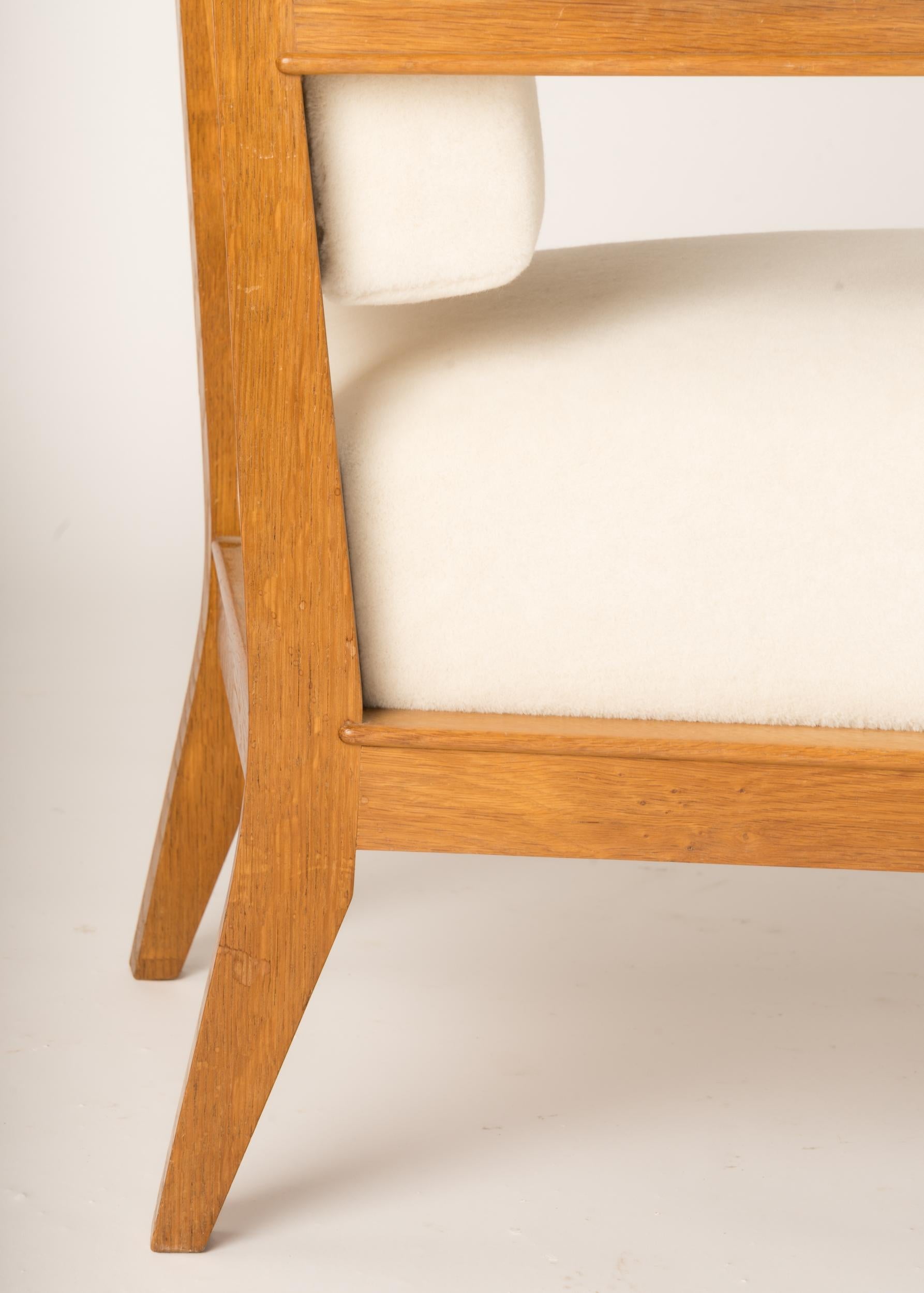 Minimalist Solid Oak Armchair Creme Pierre Frey Mohair, France 1940's For Sale 3