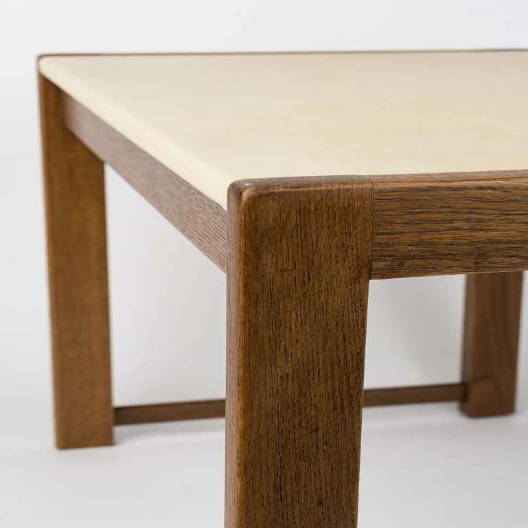 Faux Leather Minimalist Solid Oak Side Table by Guillerme & Chambron, France 1970s For Sale