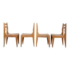 Set of 4 Solid Oak Slats Chairs by Guillerme & Chambron, France, 1960s