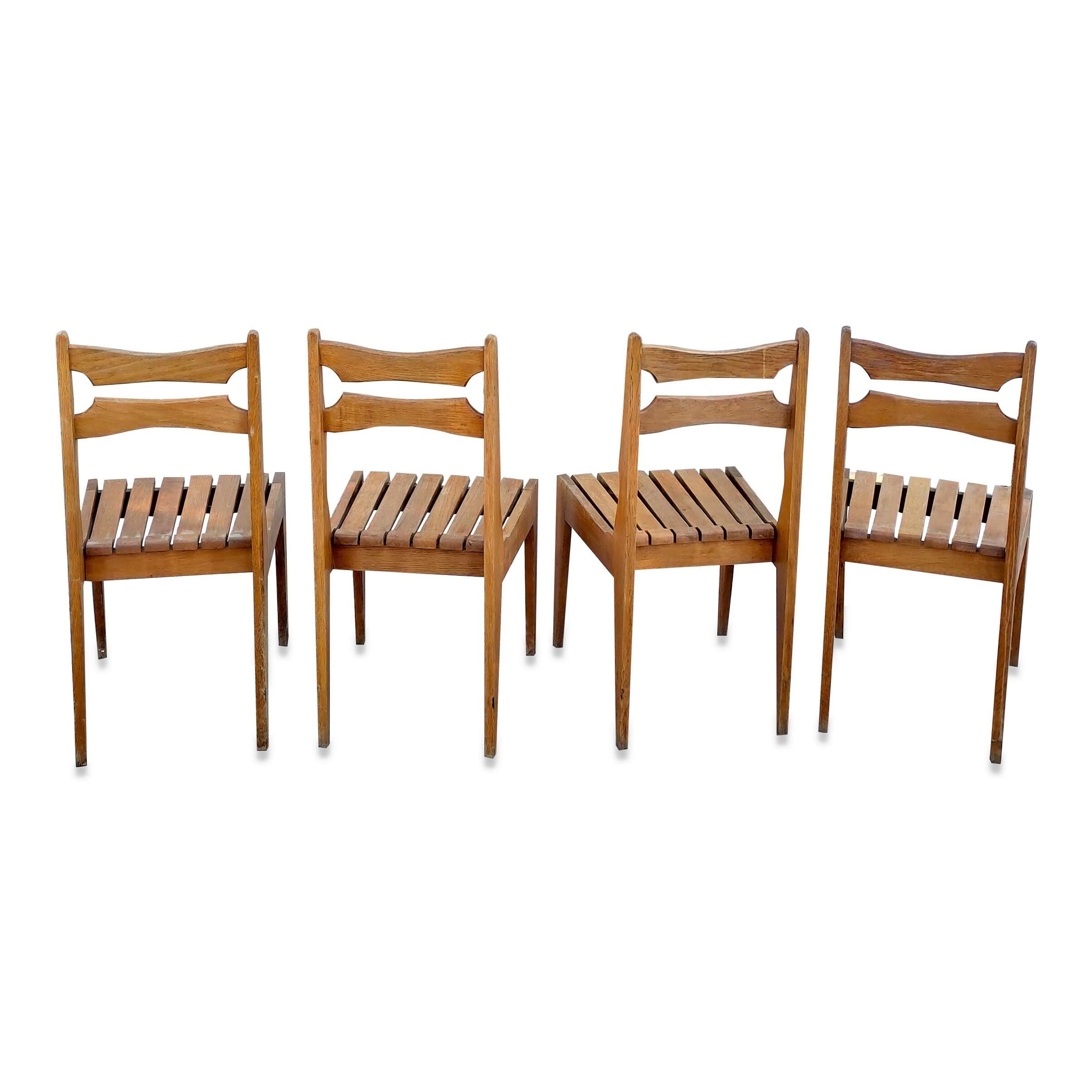Mid-Century Modern Set of 4 Solid Oak Slats Chairs by Guillerme & Chambron, France, 1960s For Sale
