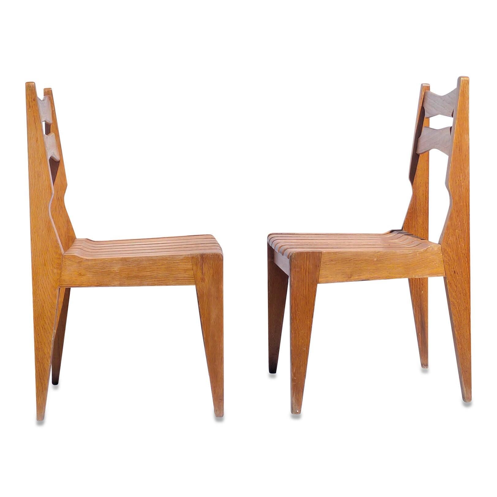 Set of 4 Solid Oak Slats Chairs by Guillerme & Chambron, France, 1960s For Sale 1