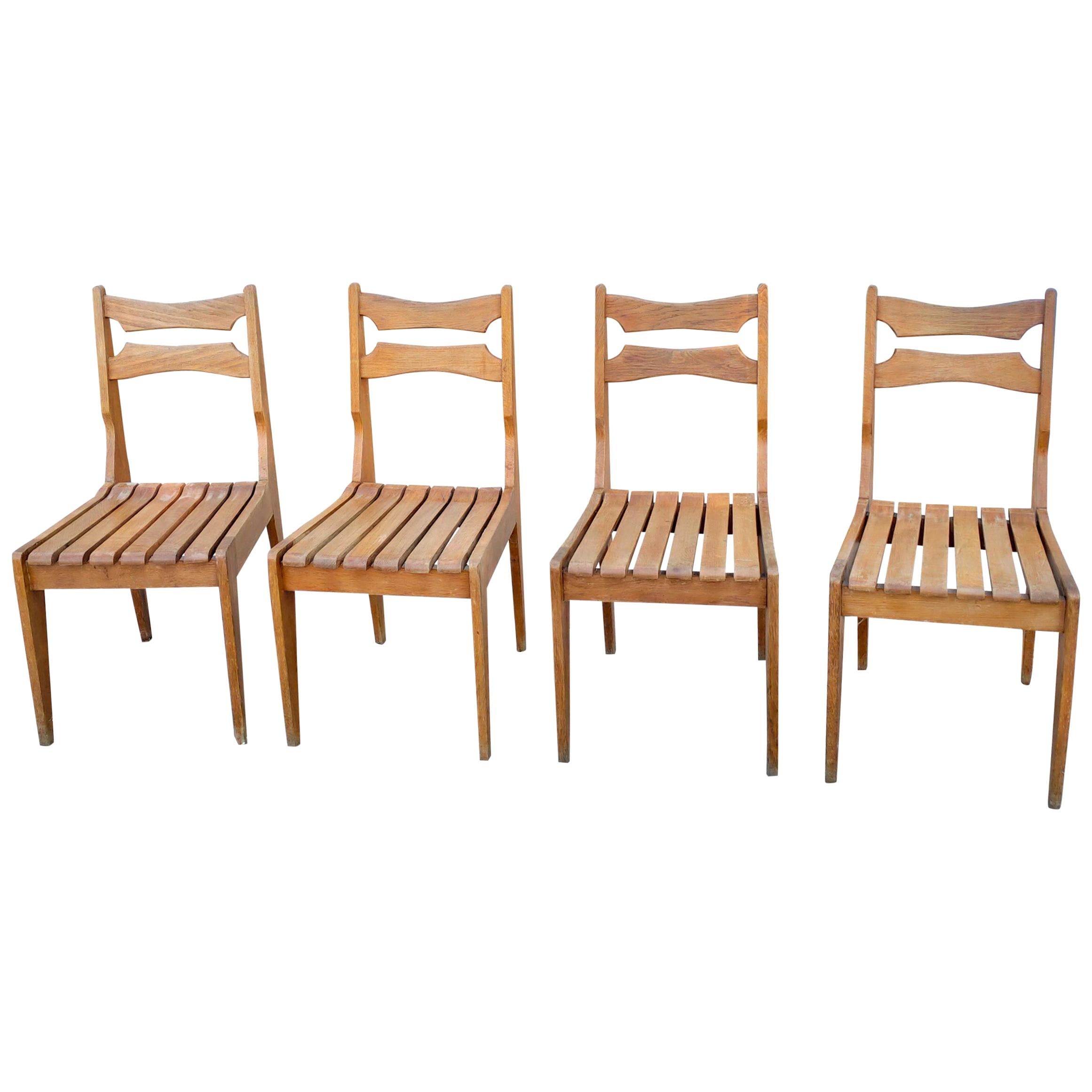 Set of 4 Solid Oak Slats Chairs by Guillerme & Chambron, France, 1960s